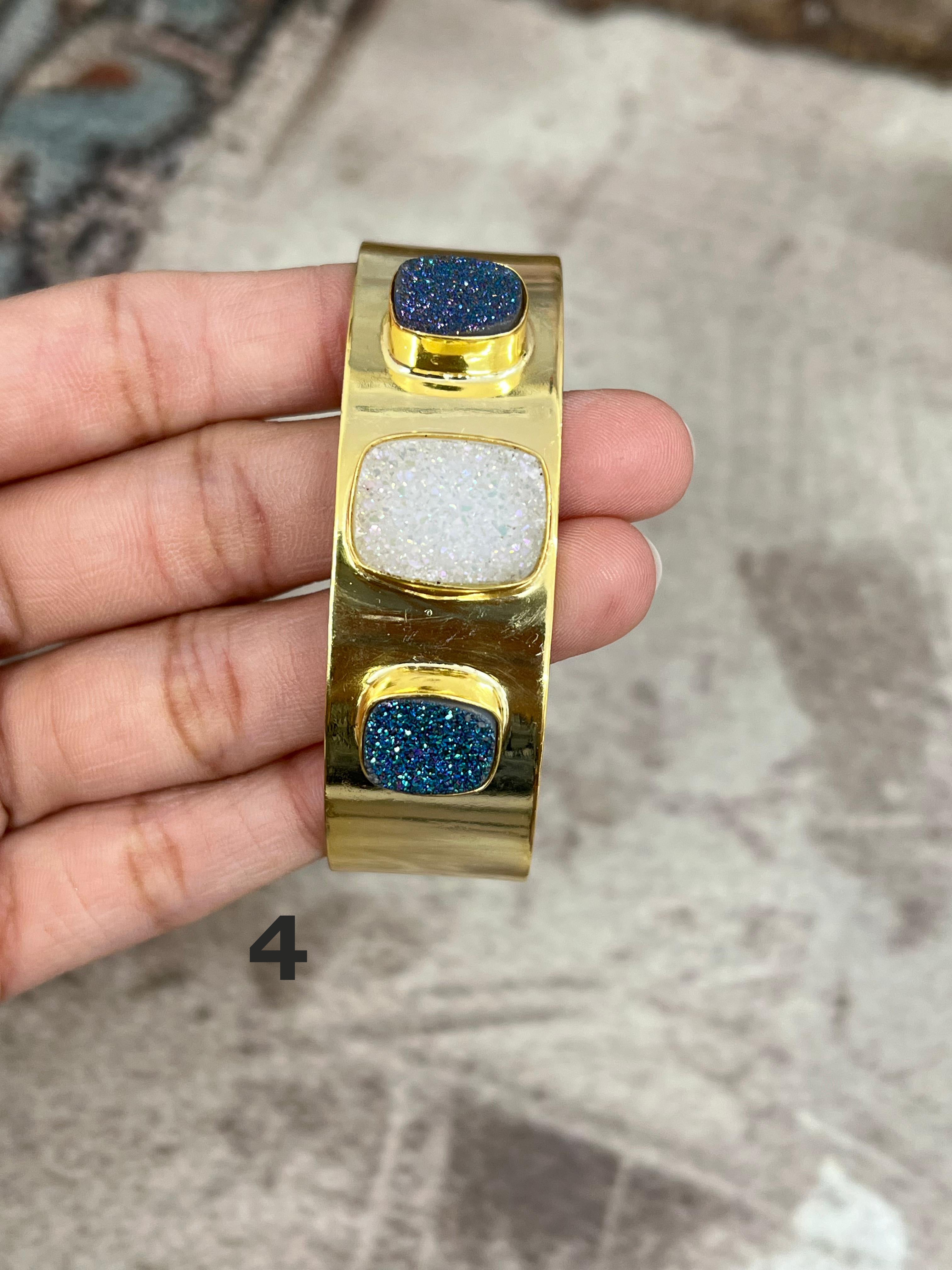 “The Boho Collection” Handmade Natural Gold Plated 3 Stone Druzy Cuff Bracelet