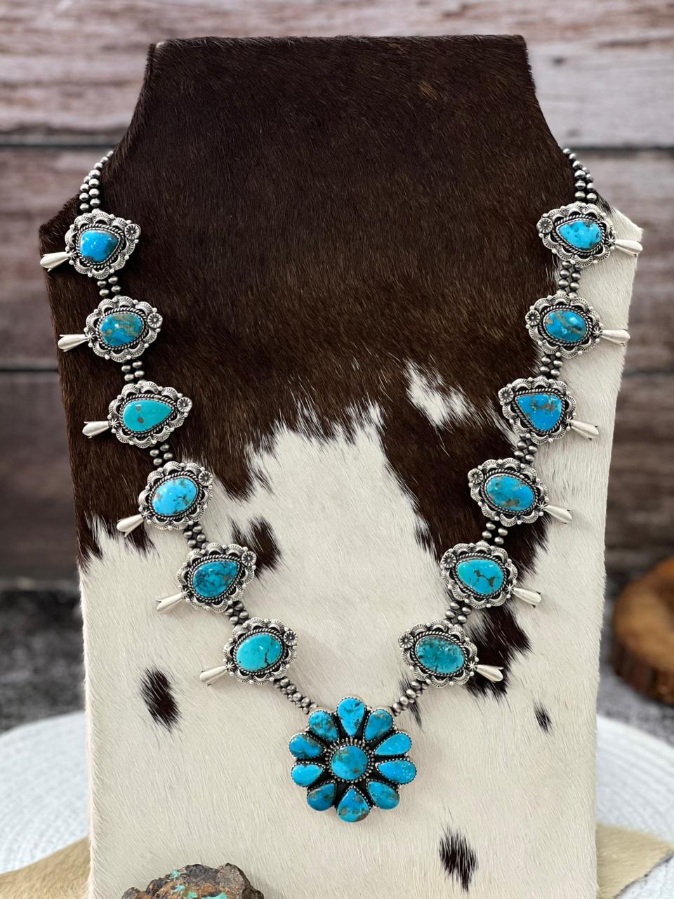 Handmade Sterling Silver Beaded Arizona Blue Turquoise Squash Blossom Necklace "Signed Nizhoni"