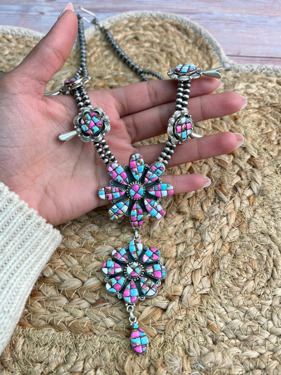 Handmade Sterling Silver Beaded Blossom Cotton Candy Necklace "Signed Nizhoni"