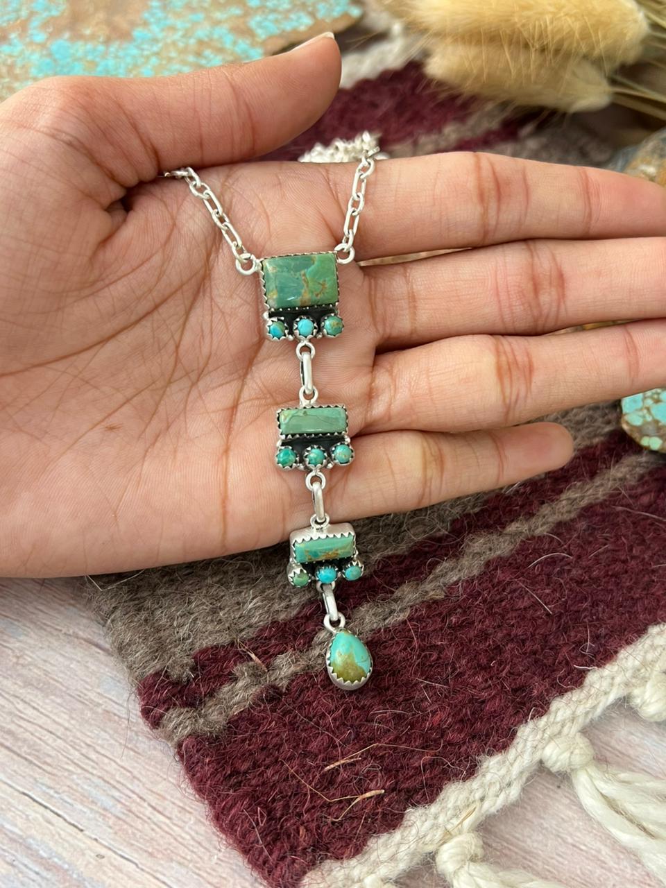 Handmade Sterling Silver Kingman Turquoise Drop Necklace "Signed Nizhoni"
