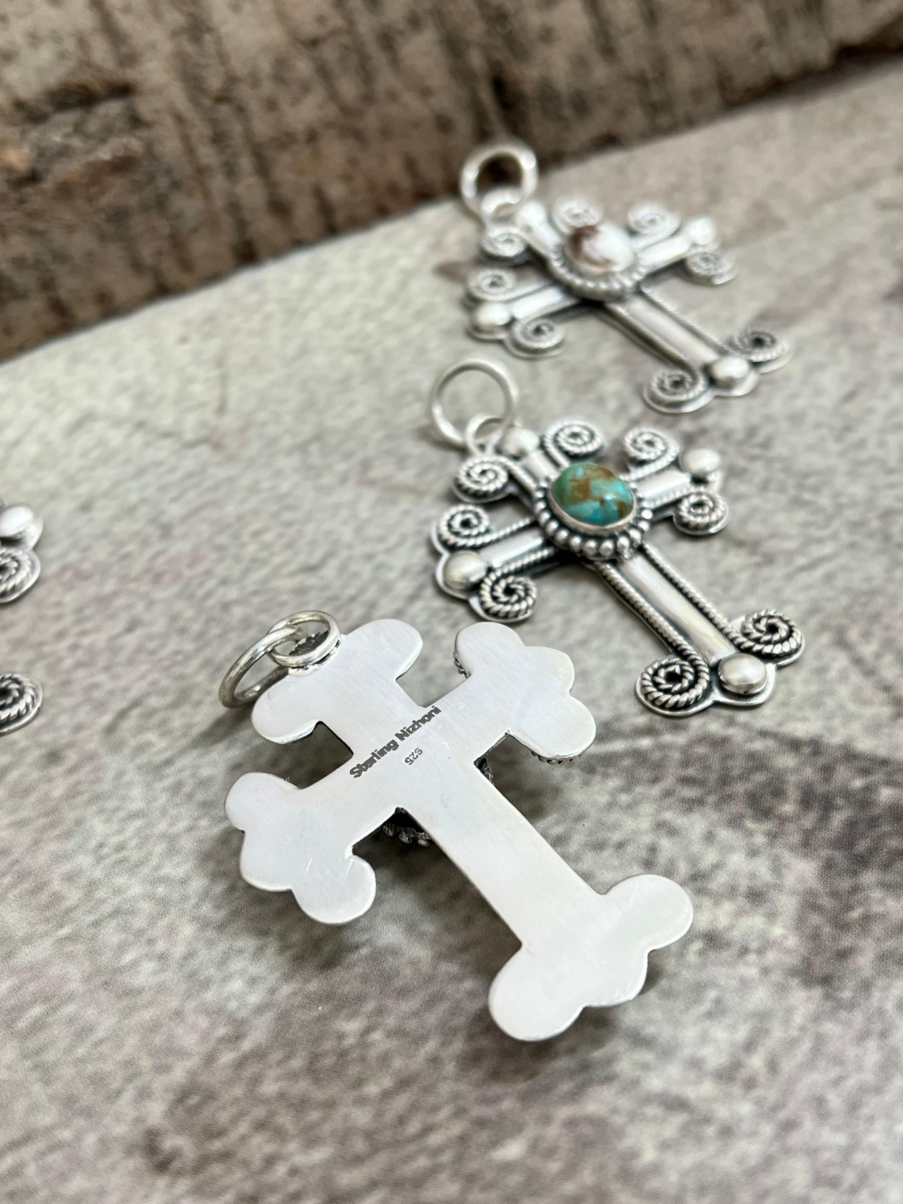 Handmade Sterling Silver Multi Stone Cross Pendant with Signed Nizhoni