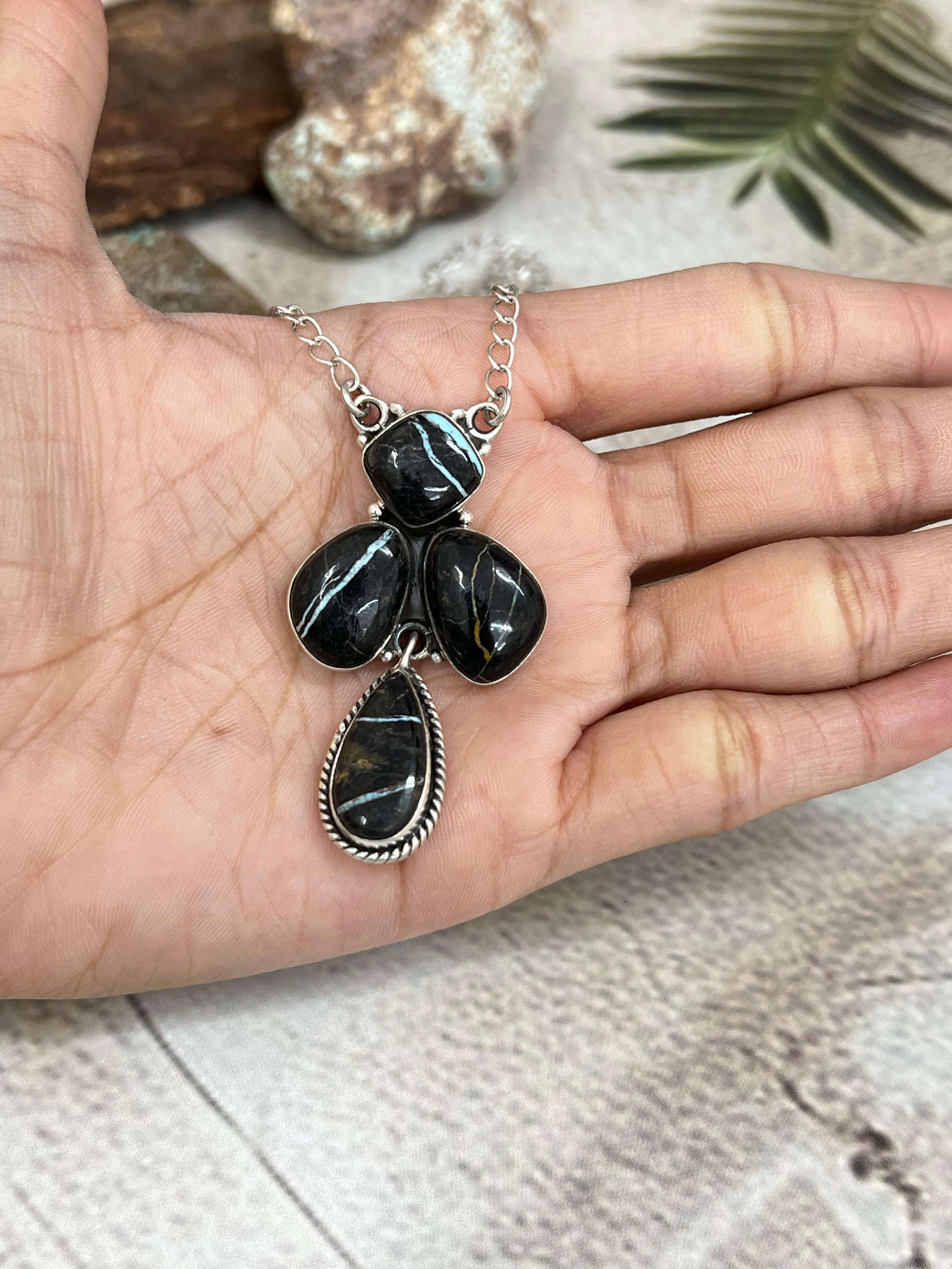 Handmade Sterling Silver Blackjack Turquoise Necklace Signed Nizhoni