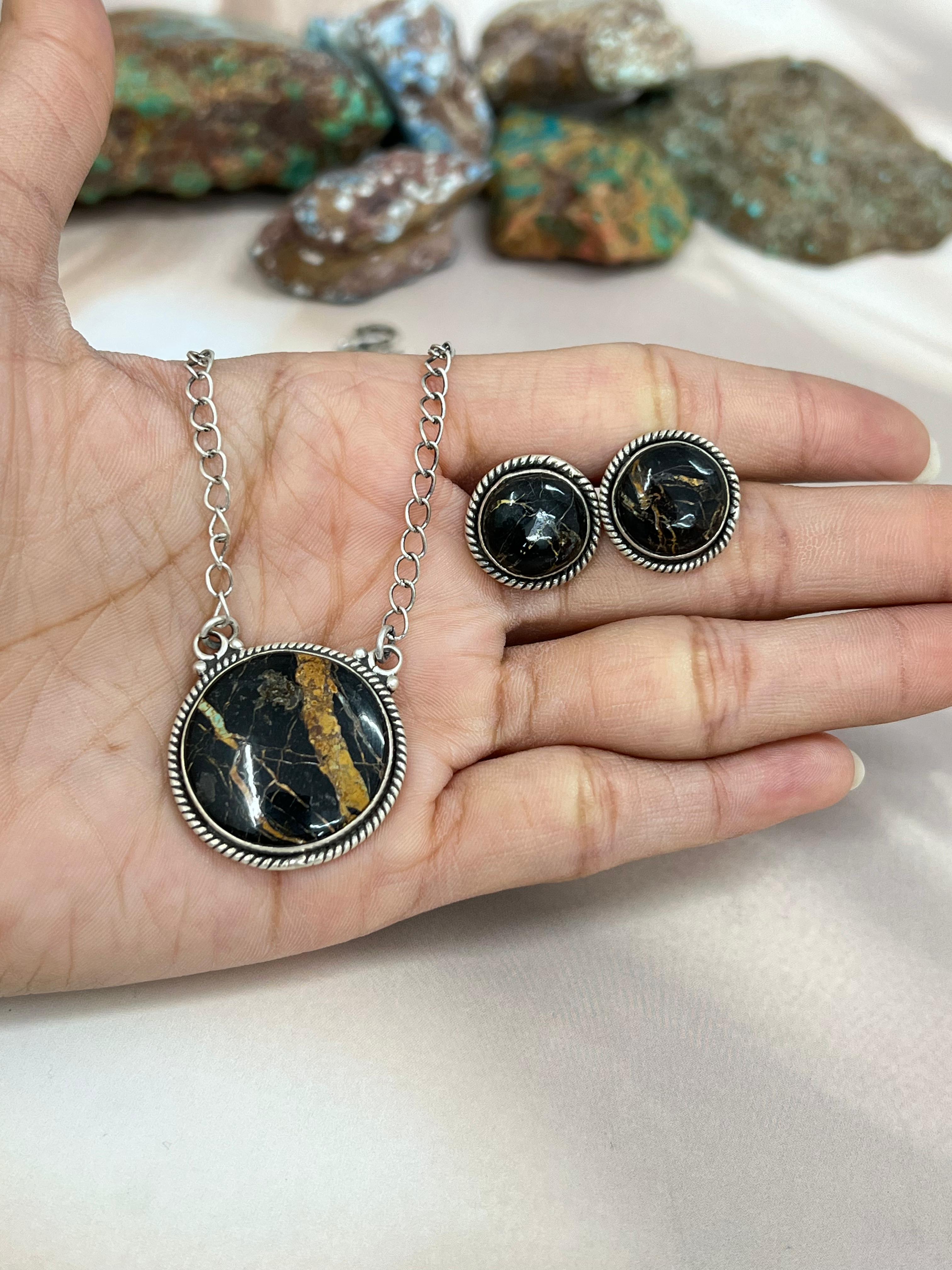 Handmade Sterling Silver Blackjack Turquoise Necklace Earrings Set with Signed Nizhoni