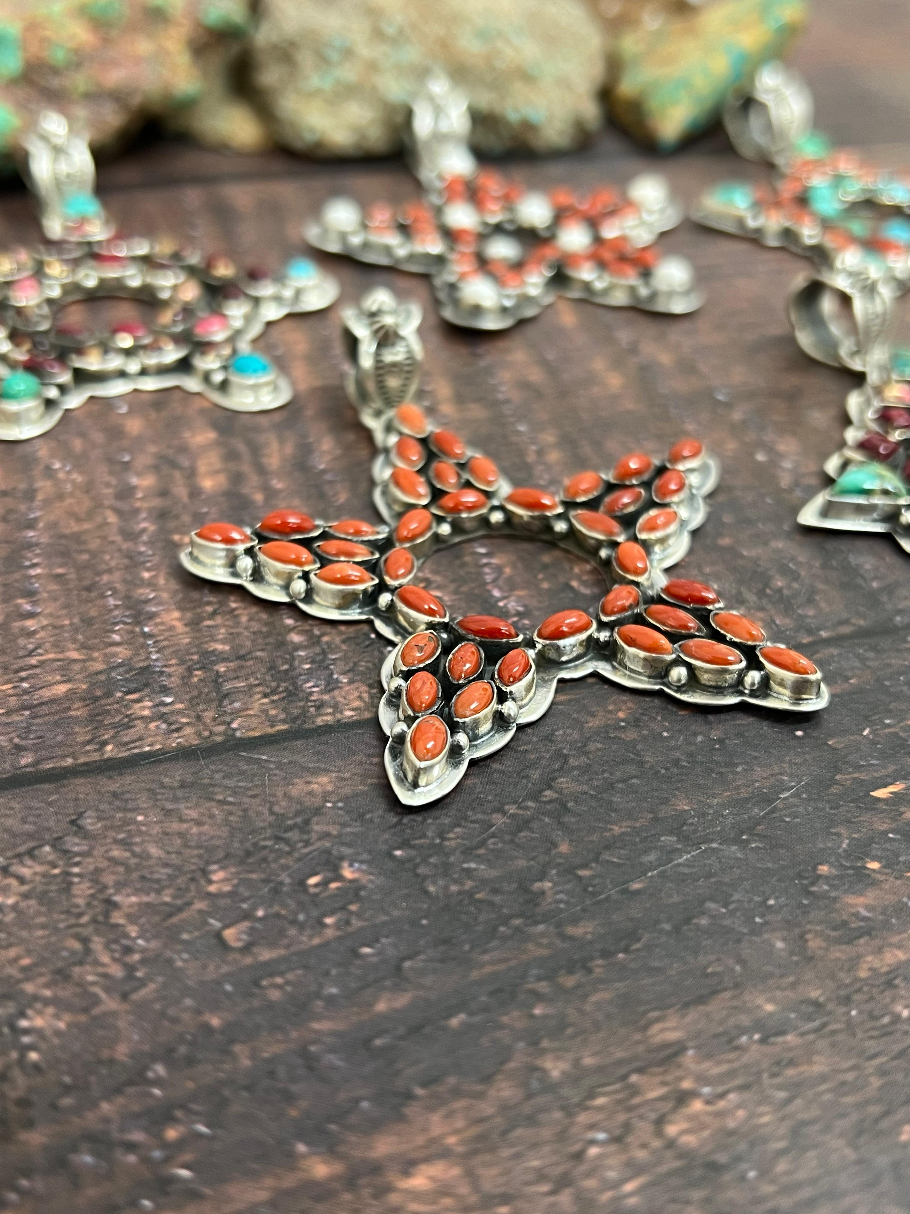 Handmade Sterling Silver Multi Stones Star Pendant, Signed Nizhoni