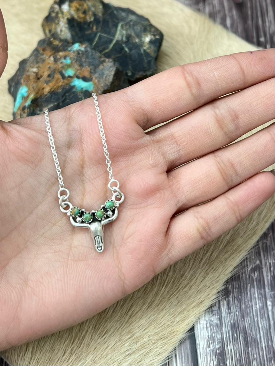 Handmade Sterling Silver Kingman Turquoise Bull Necklace "Signed Nizhoni"