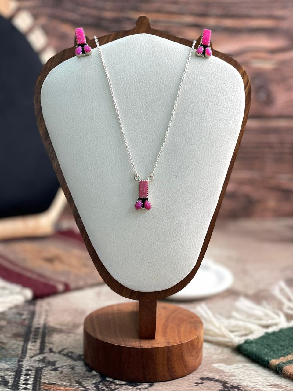 Handmade Sterling Silver Hot Pink Necklace Earrings Set "Signed Nizhoni"