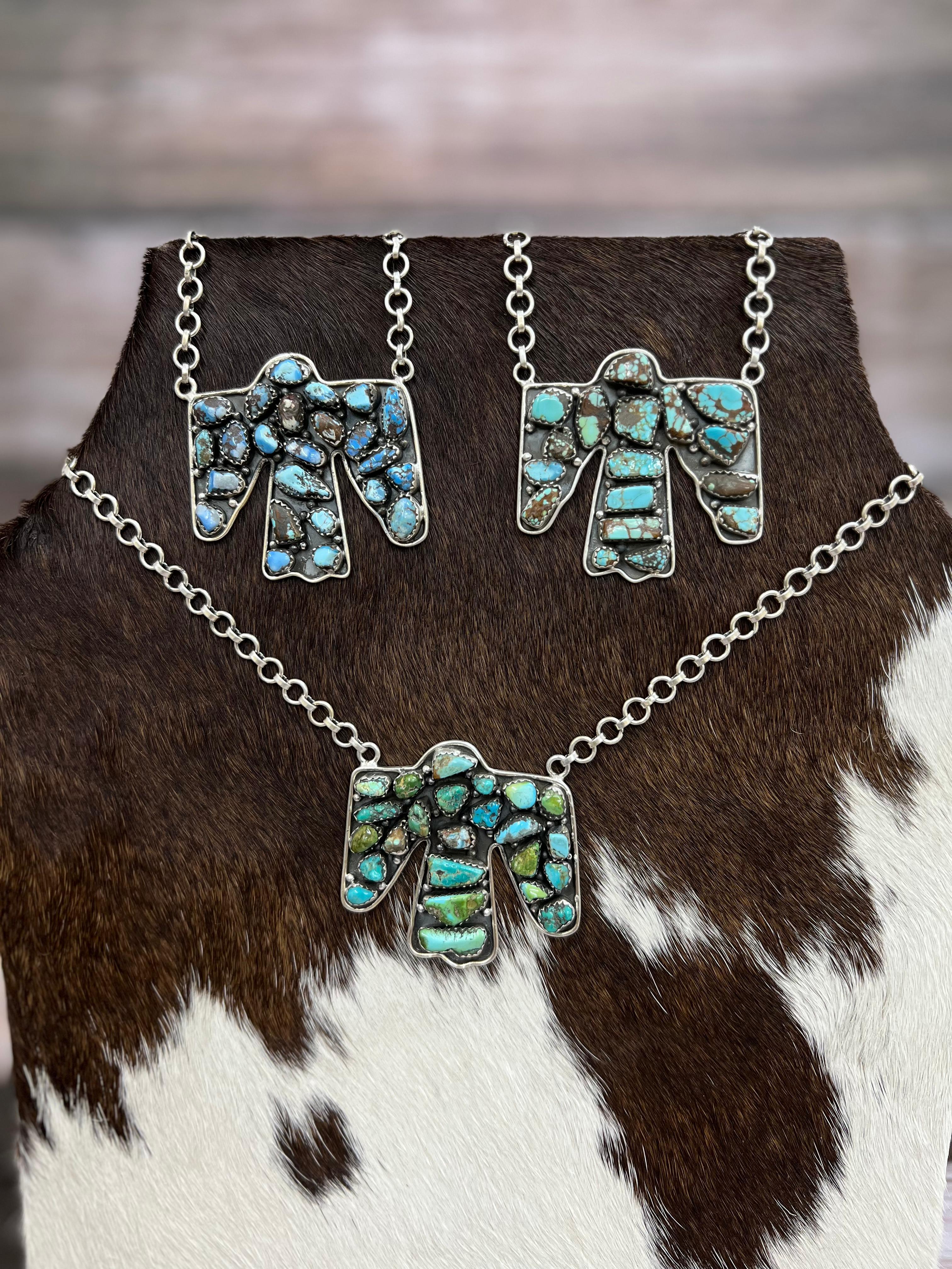 Handmade Sterling Silver Multi Stone Thunder Bird Necklace with Signed Nizhoni