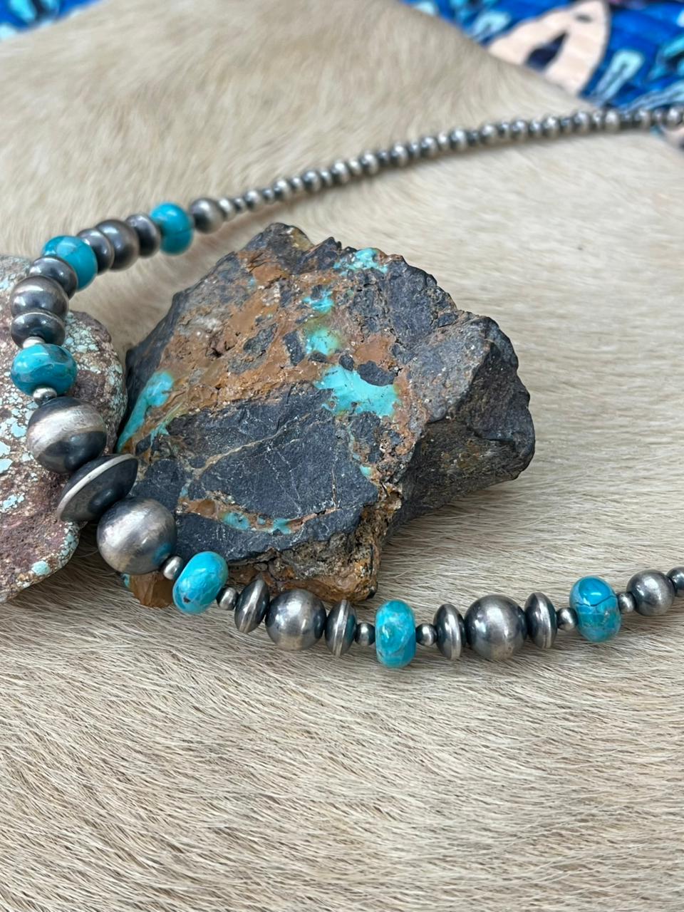 Handmade Sterling Silver Beaded Kingman Turquoise Necklace "Signed Nizhoni"
