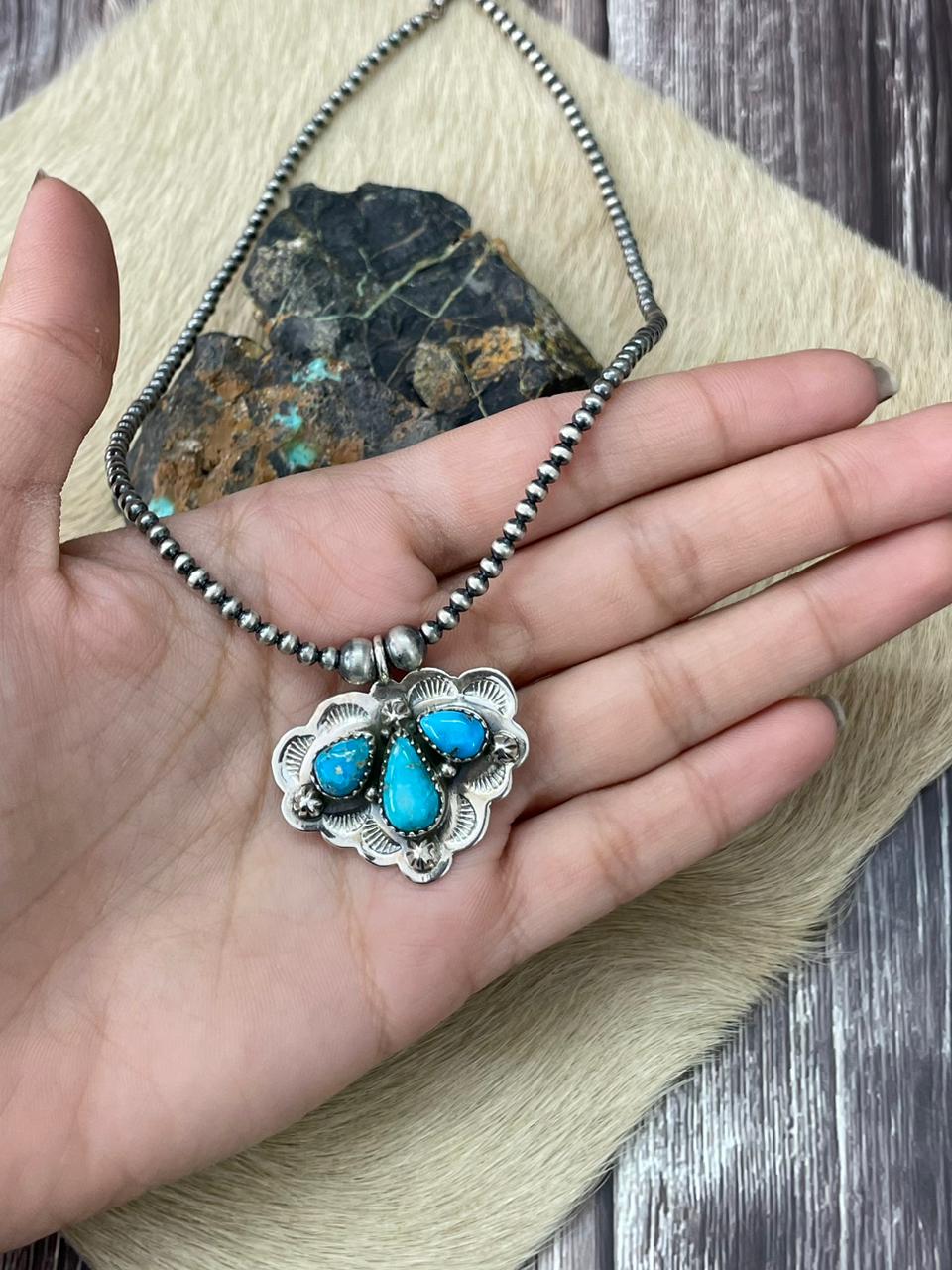 Handmade Sterling Silver Beaded White Water Turquoise Necklace "Signed Nizhoni"