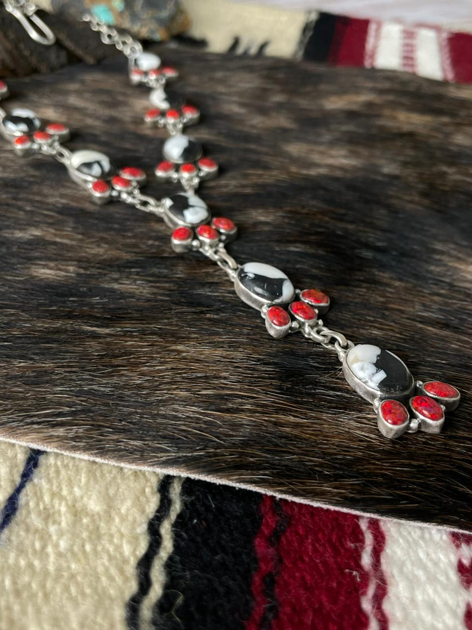 Handmade Sterling Silver White Buffalo with Red Opal Necklace "Signed Nizhoni"