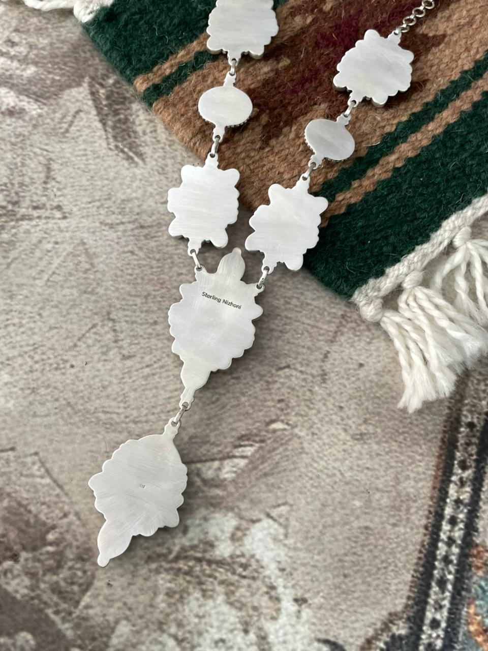 Handmade Sterling Silver Orange Oyster with Grape Dahlia, Number 8 and Variscite Necklace "Signed Nizhoni"