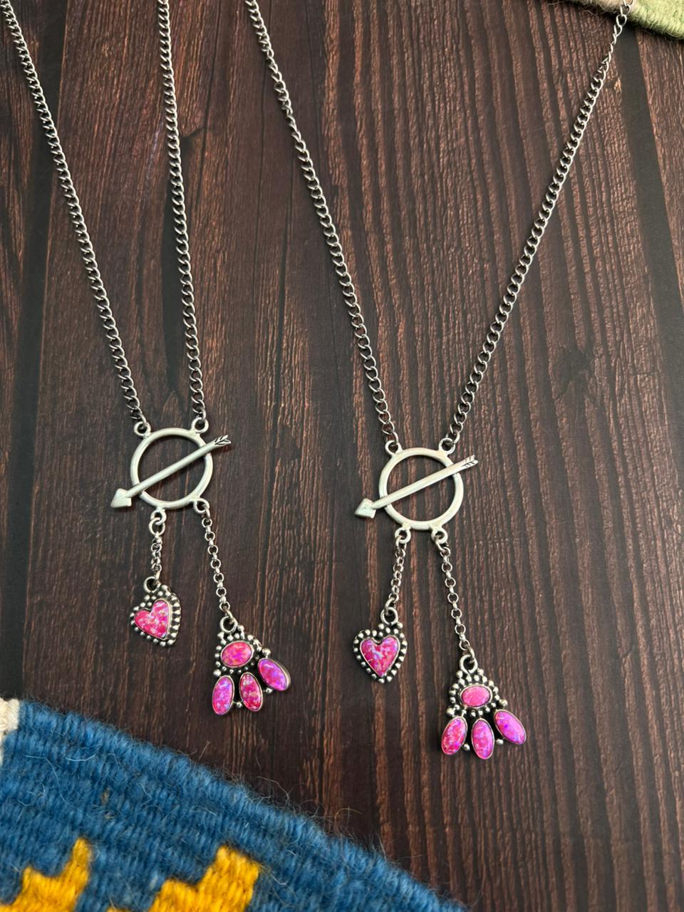 "Heart Collection" Handmade Sterling Silver Hot Pink Lariat Necklace "Signed Nizhoni"