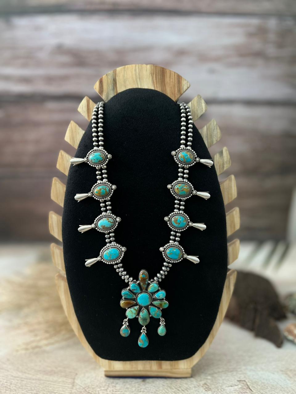 Handmade Sterling Silver Santa Maria Turquoise Squash Blossom Beaded Necklace "Signed Nizhoni"