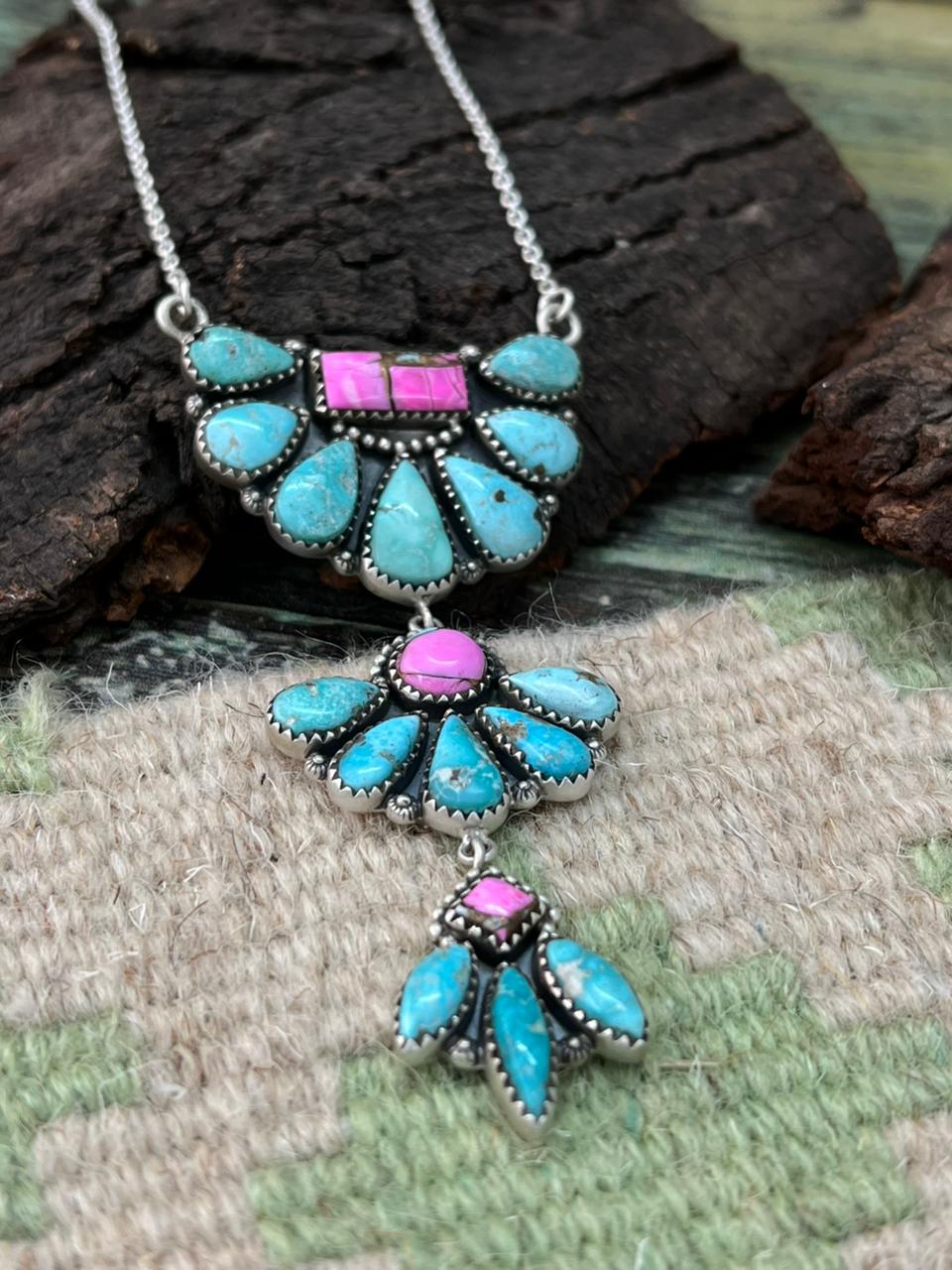 Handmade Sterling Silver Cotton Candy with White Water Necklace "Signed Nizhoni"