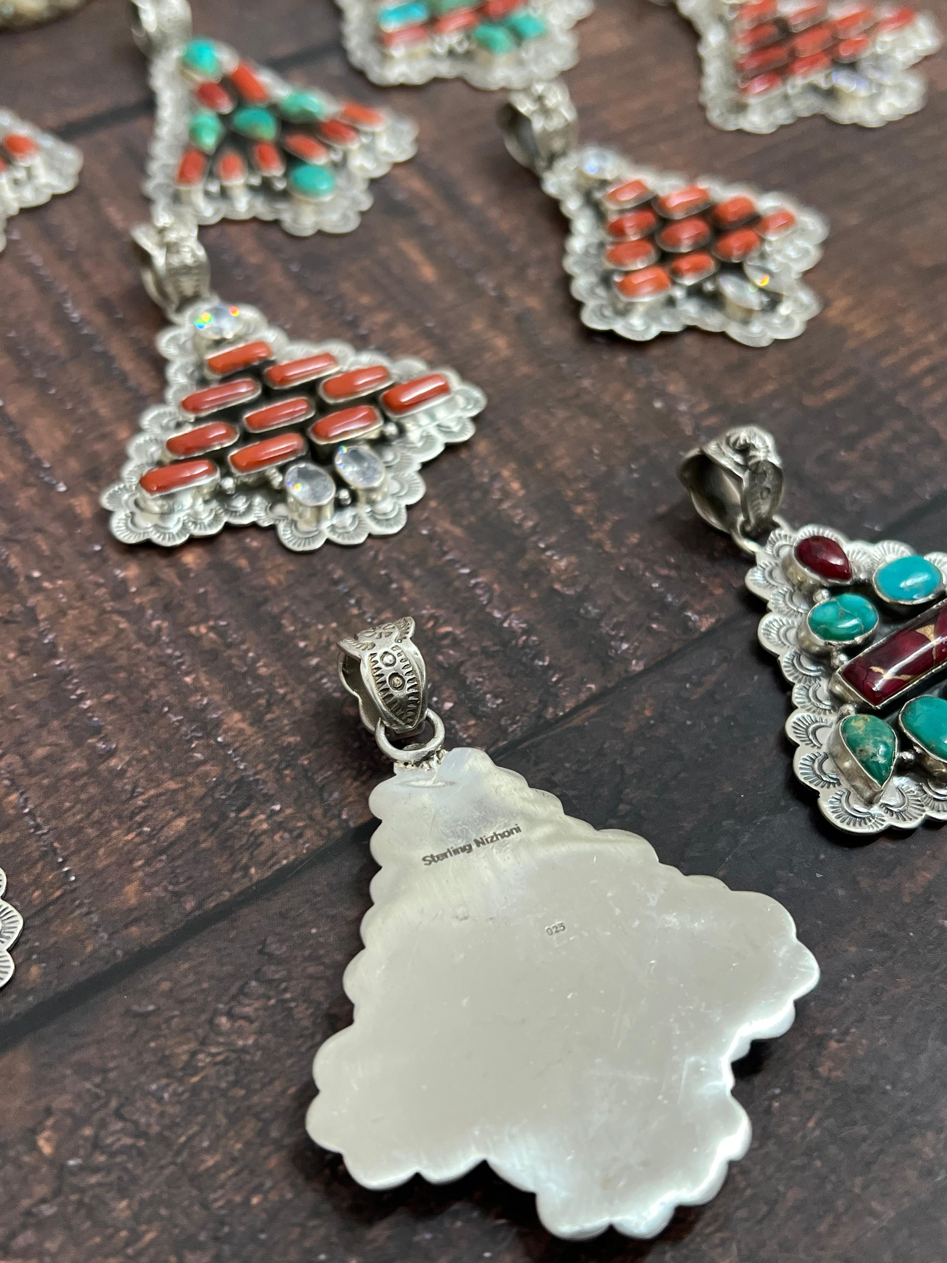 Handmade Sterling Silver Multi Stones Pendant, Signed Nizhoni