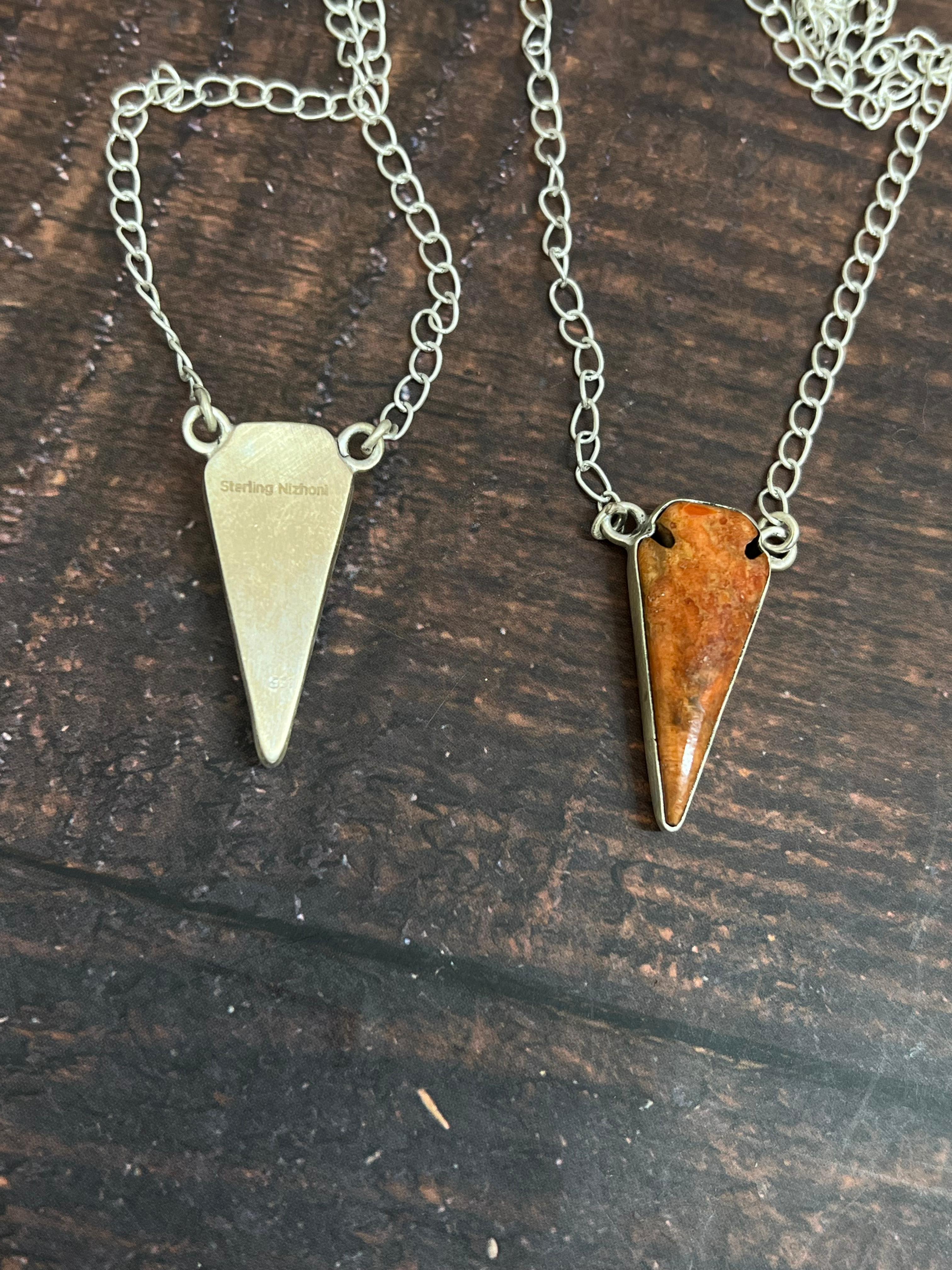 Handmade Sterling Silver Orange Mojave, Kingman Turquoise Necklace with Signed Nizhoni