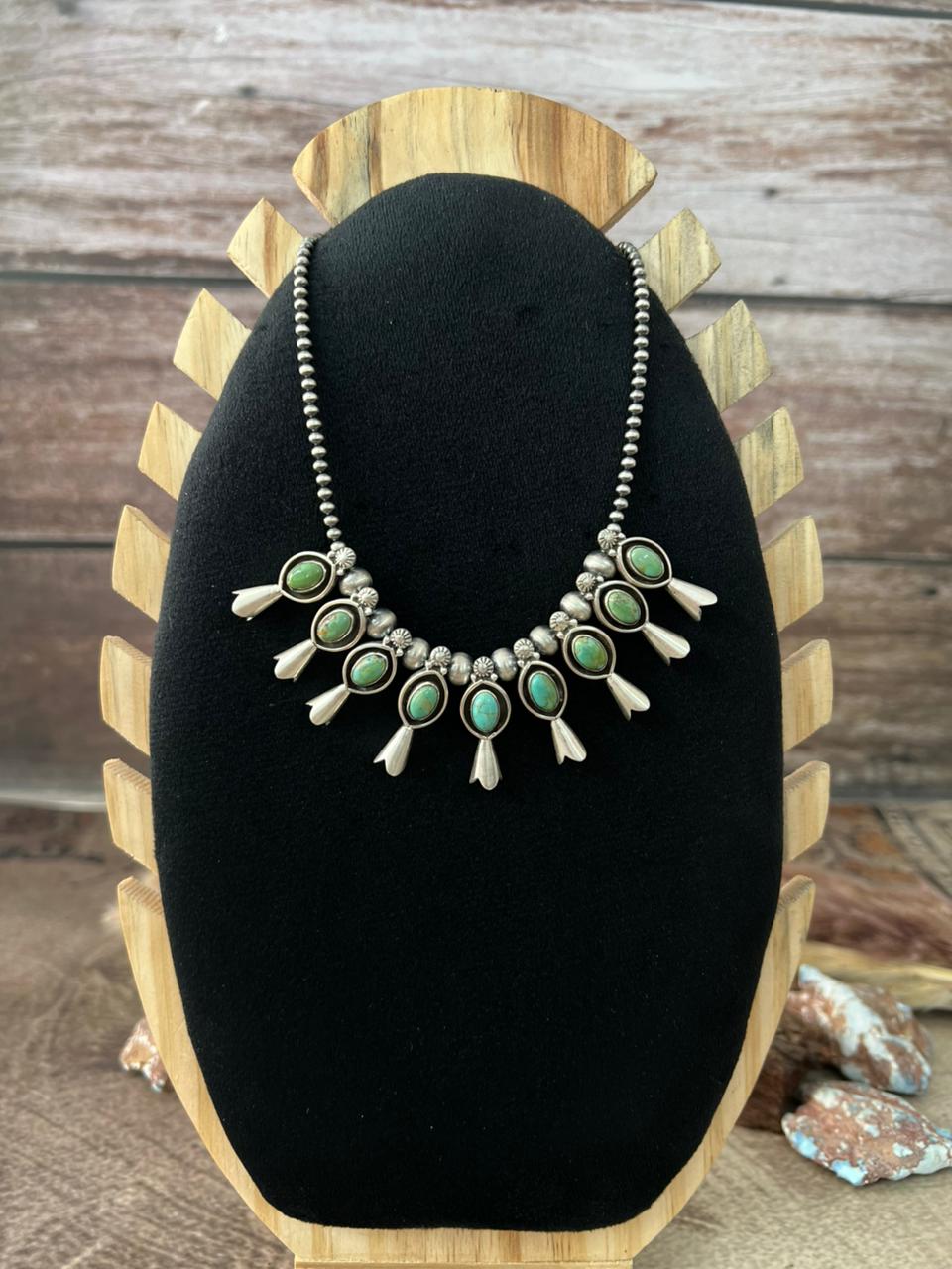 Handmade Sterling Silver Kingman Turquoise Beaded Necklace "Signed Nizhoni"