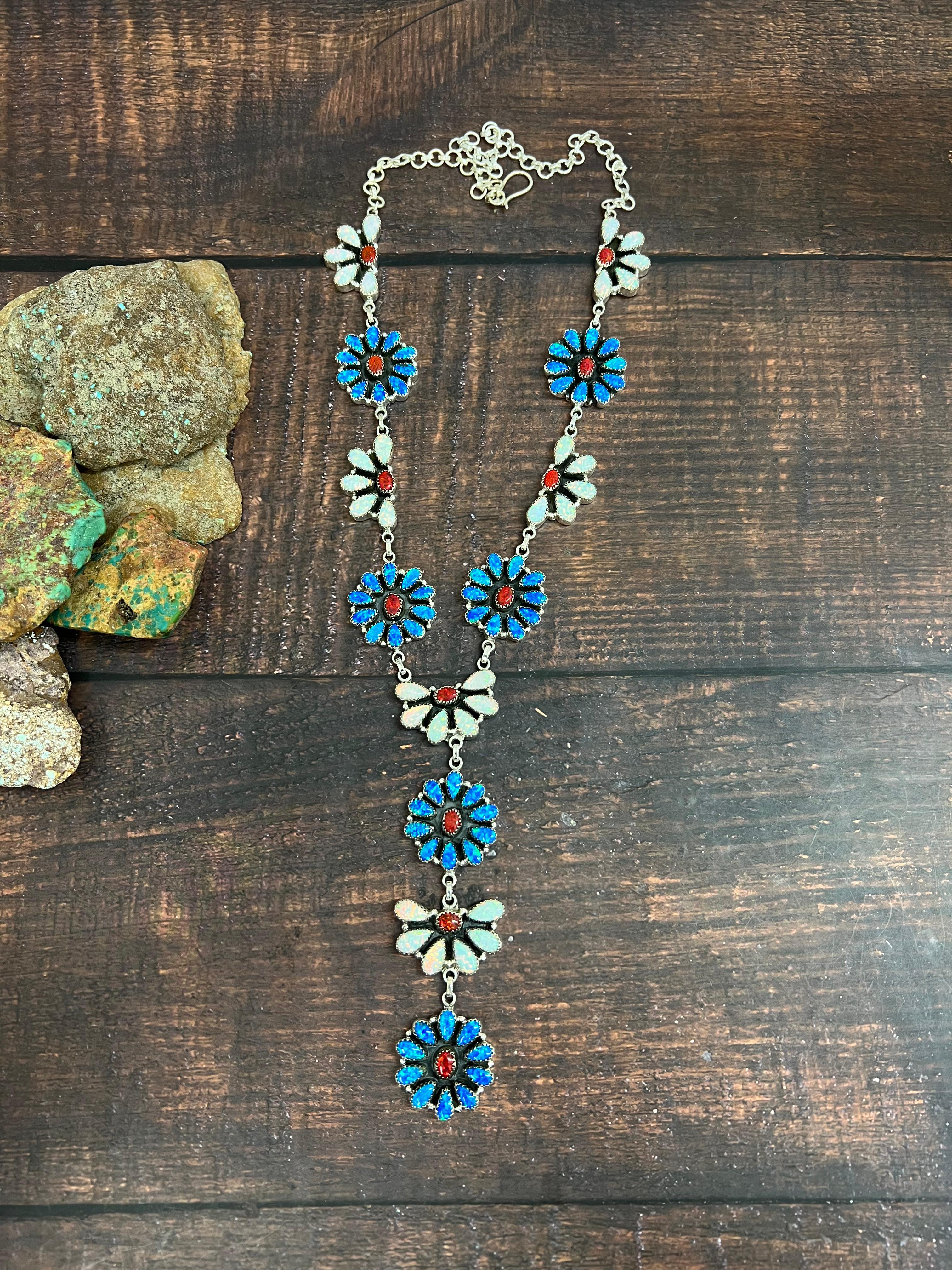 ** 4TH OF JULY ** Handmade Sterling Silver Synthetic Opal Necklace with Signed Nizhoni