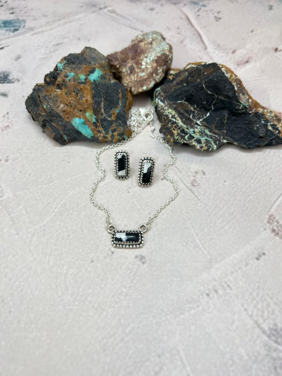 Handmade Sterling Silver White Buffalo Necklace Earrings Set "Signed Nizhoni"