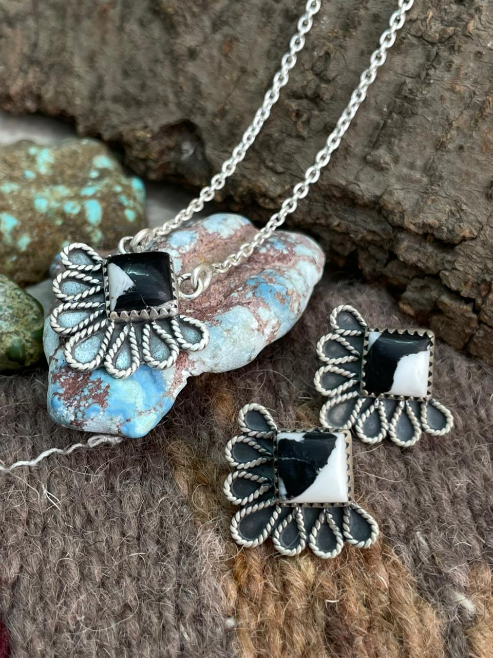 Handmade Sterling Silver White Buffalo Necklace Earrings Set "Signed Nizhoni"