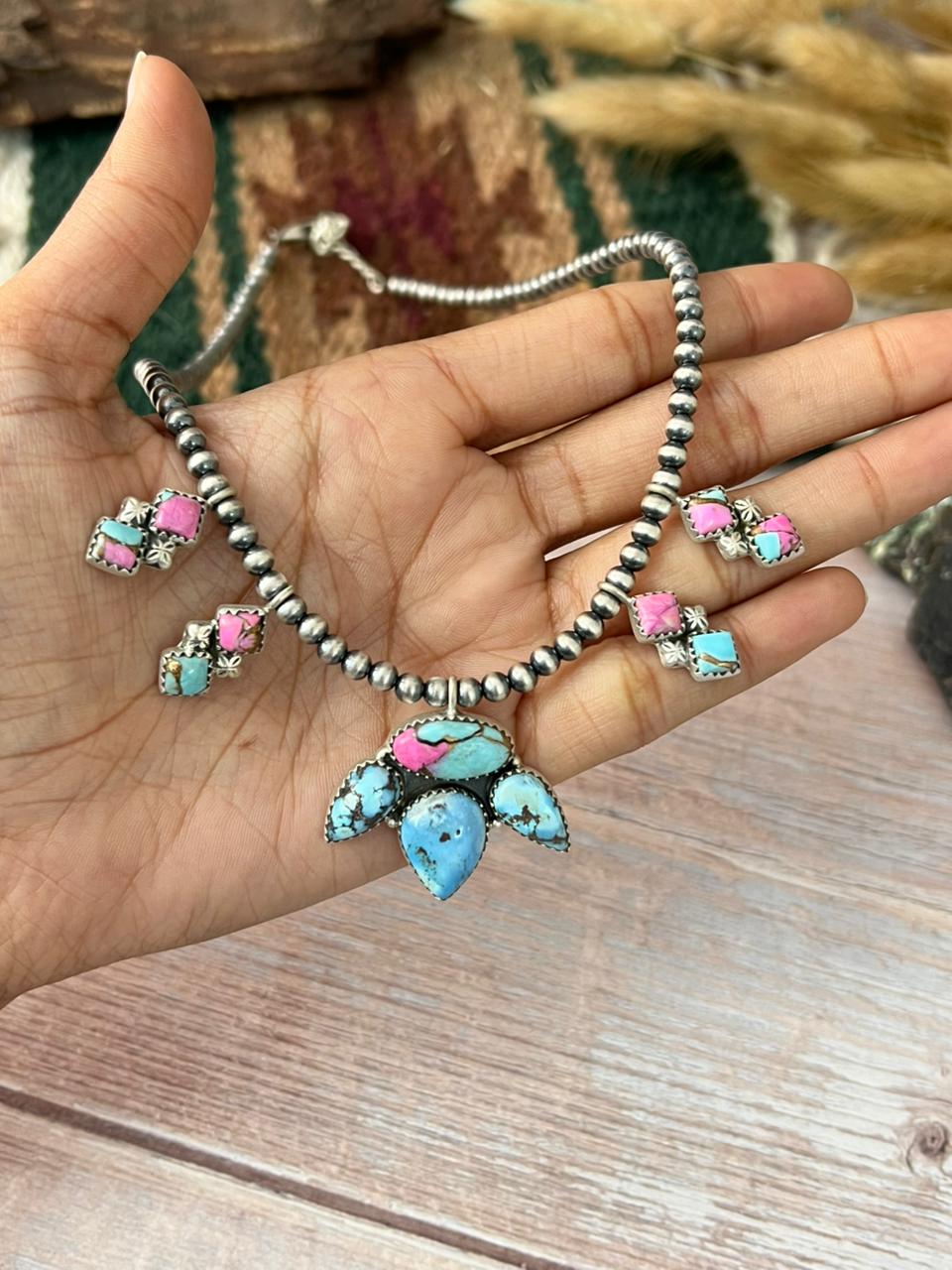 Handmade Sterling Silver Golden Hills with Cotton Candy Beaded Necklace "Signed Nizhoni"