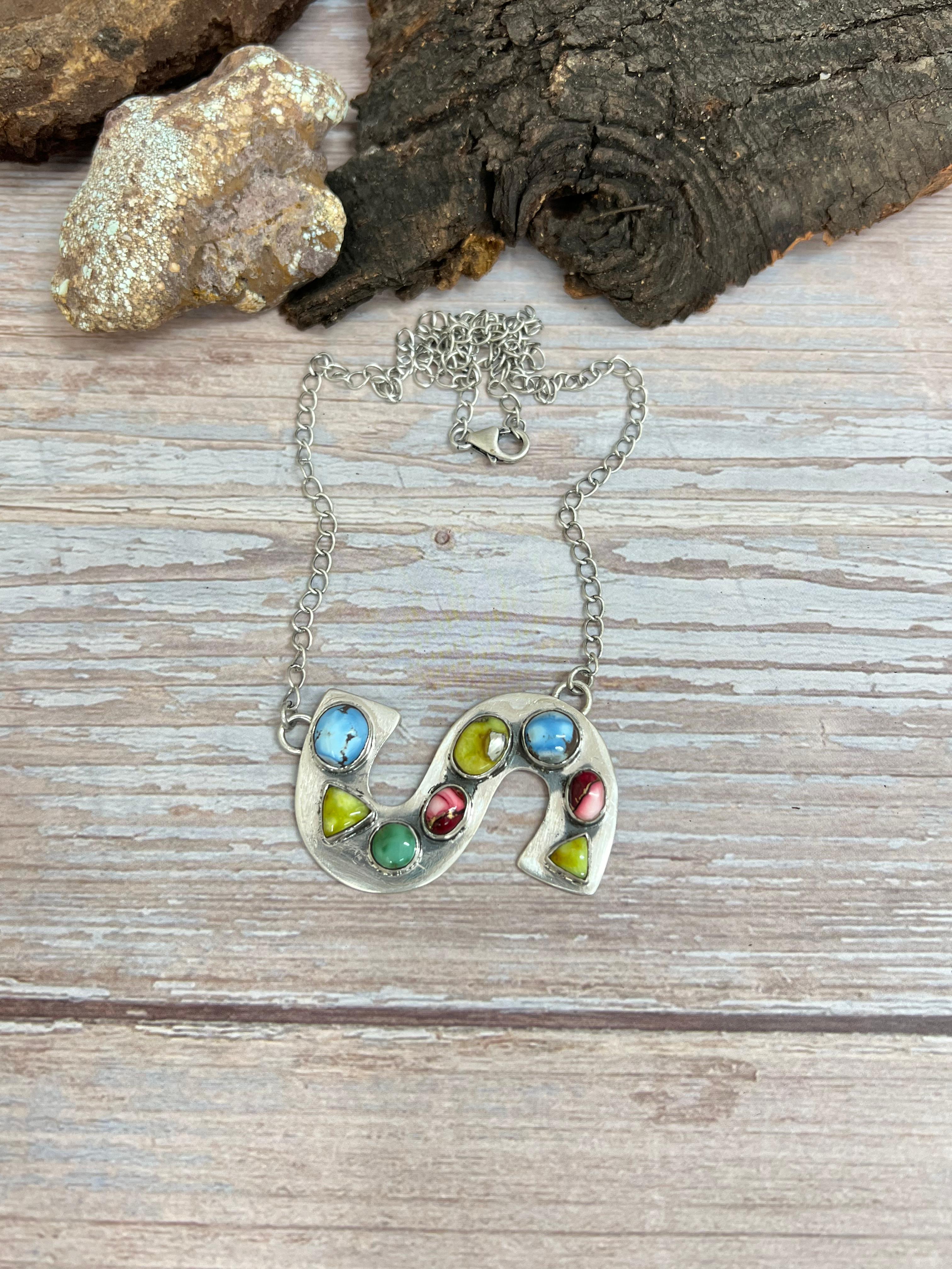 Handmade Sterling Silver Mix Multi Stone (S) Letter Necklace with Signed Nizhoni