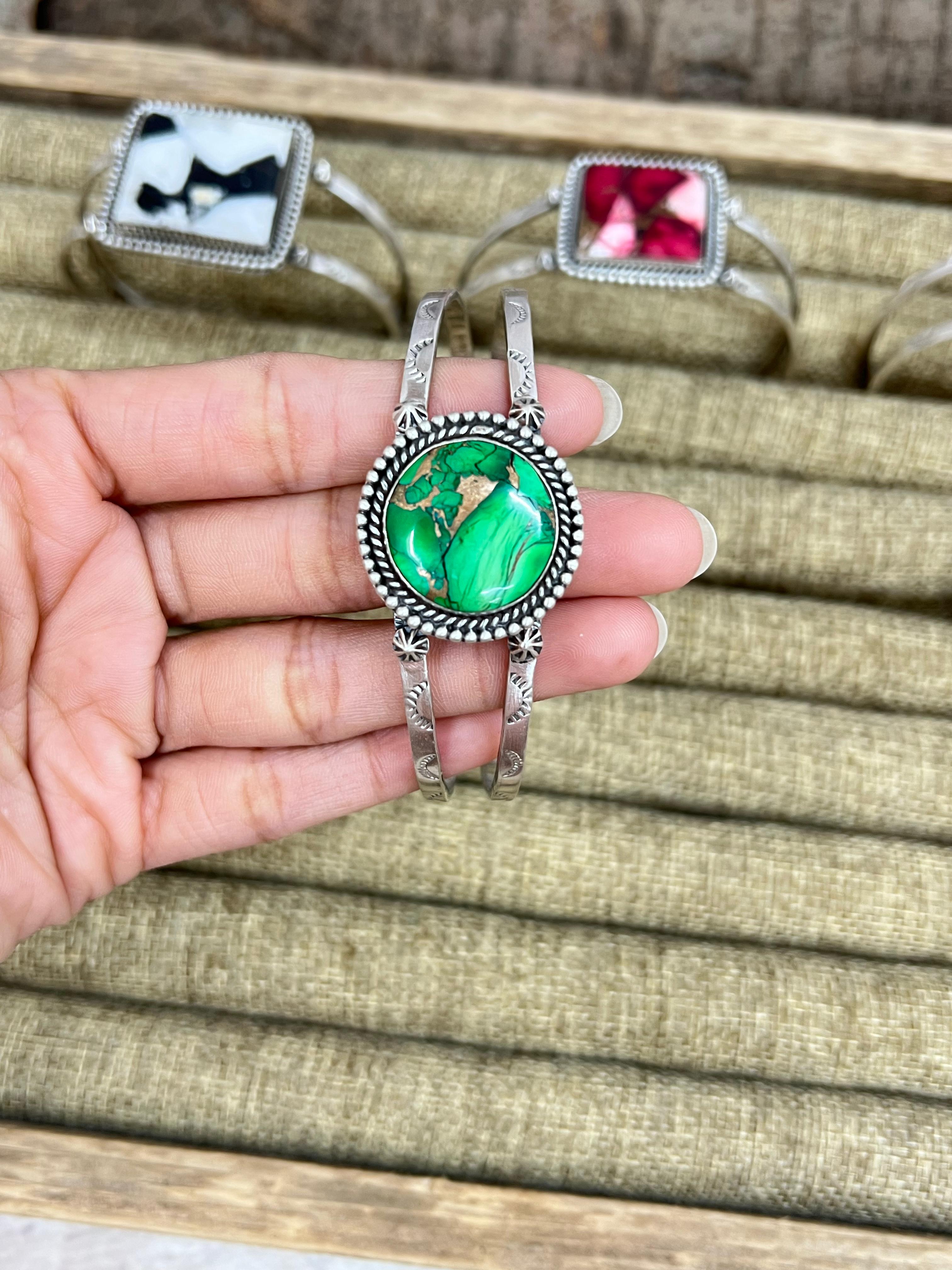 Handmade Sterling Silver Multi Stone Cuff Bracelet with Signed Nizhoni (1)