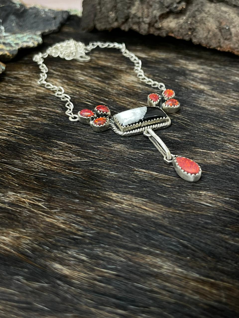 Handmade Sterling Silver White Buffalo with Red Opal Necklace "Signed Nizhoni"