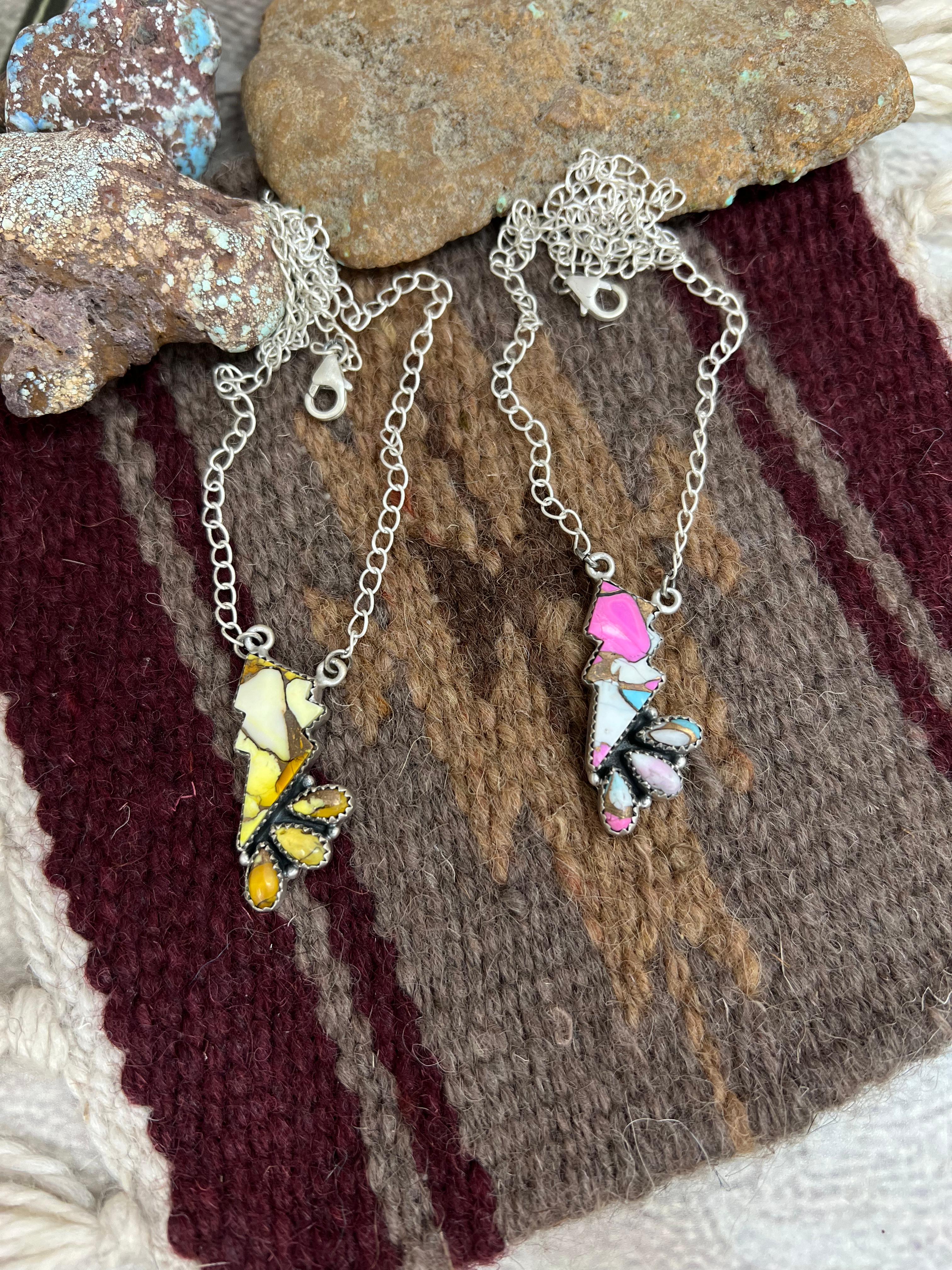 Handmade Sterling Silver Multi Gemstone Lightening Bolt Necklace with Signed Nizhoni