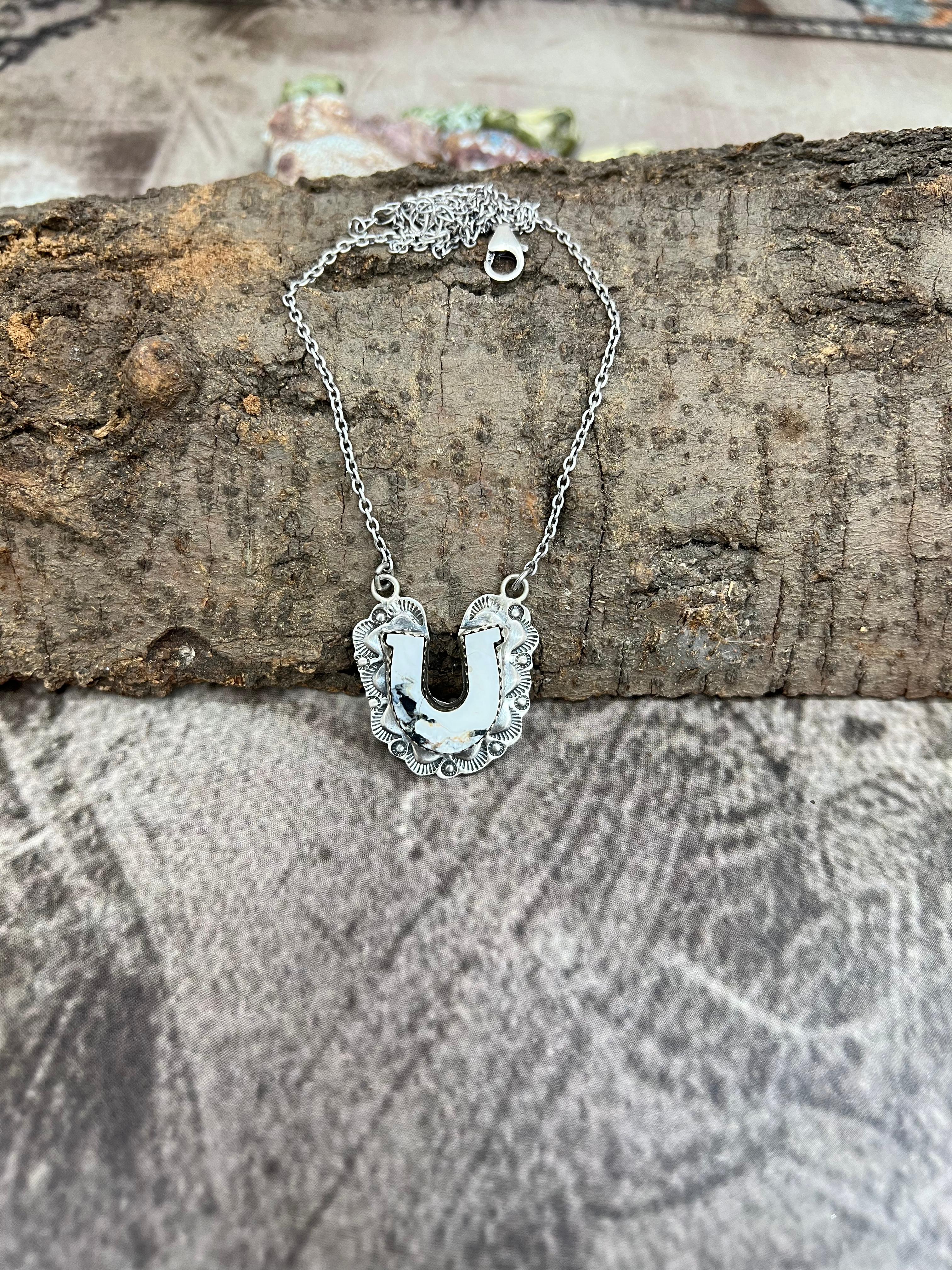 Handmade Sterling Silver White Buffalo Turquoise Necklace with Signed Nizhoni