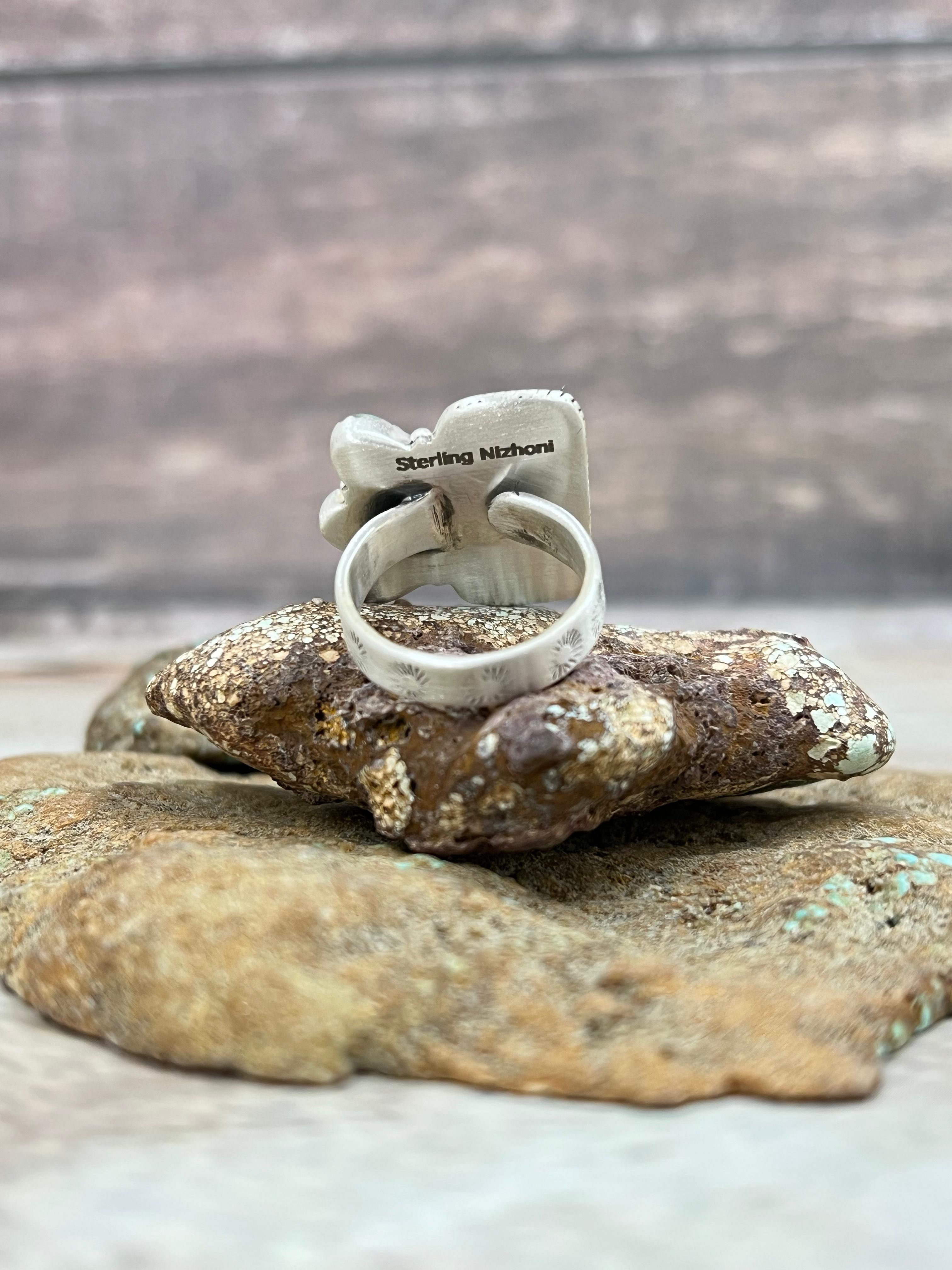 Handmade Sterling Silver Kingman Turquoise Adjustable Ring Signed Nizhoni (6)