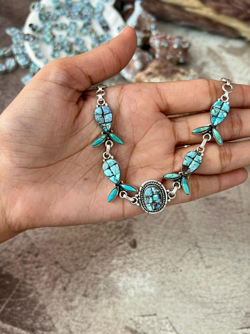 Handmade Sterling Silver 'Golden Hills Turquoise Cobble Collection' Necklace "Signed Nizhoni"