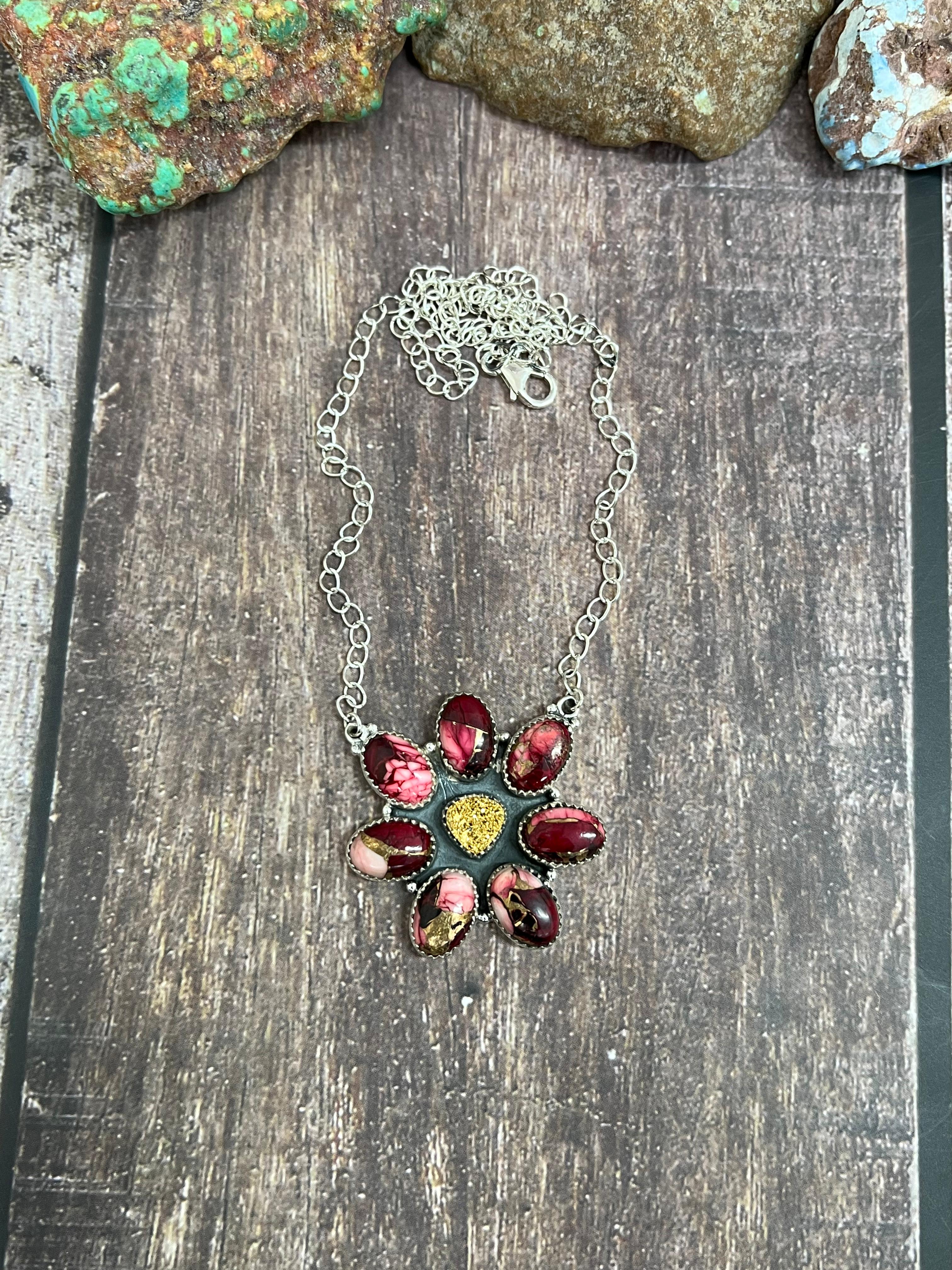 Handmade Sterling Silver Dahlia Rose with Druzy Necklace with Signed Nizhoni