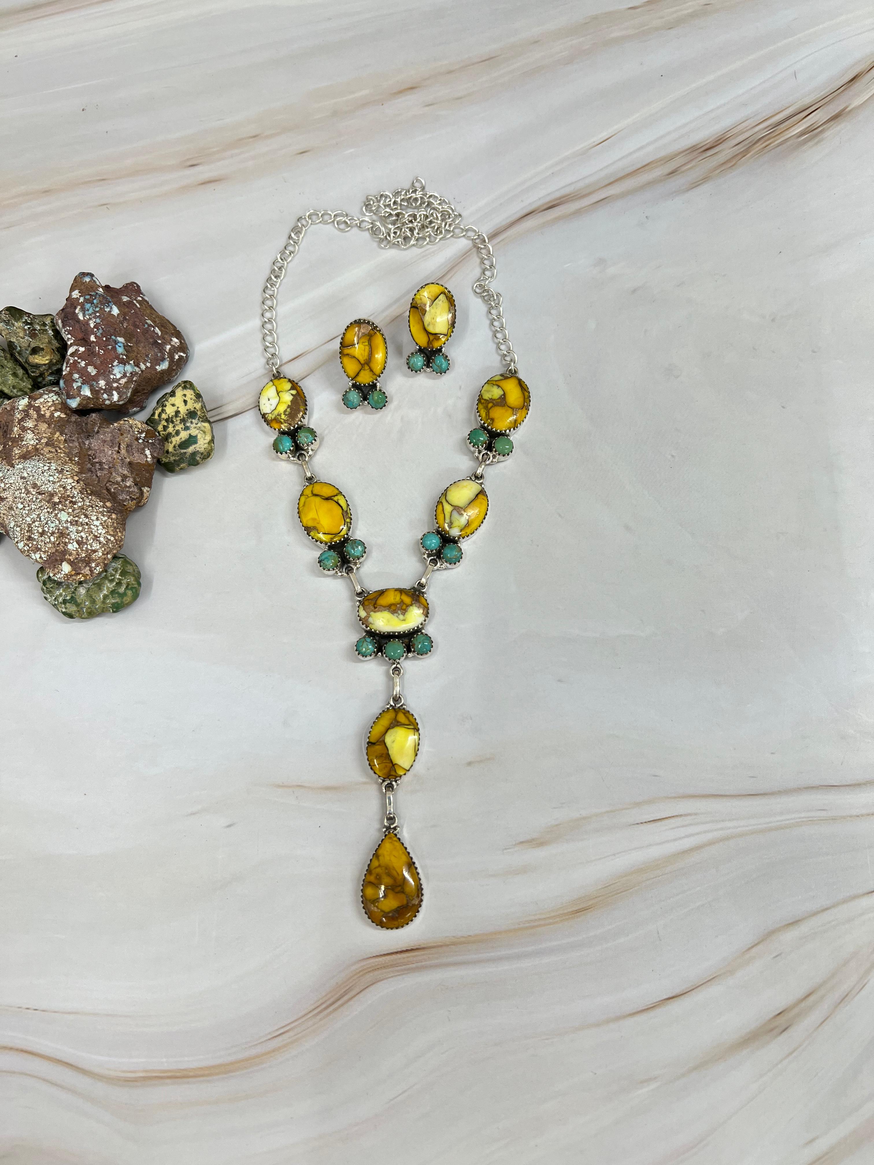 Handmade Sterling Silver Honey Dahlia with Kingman Turquoise Necklace Earrings Set, Signed Nizhoni