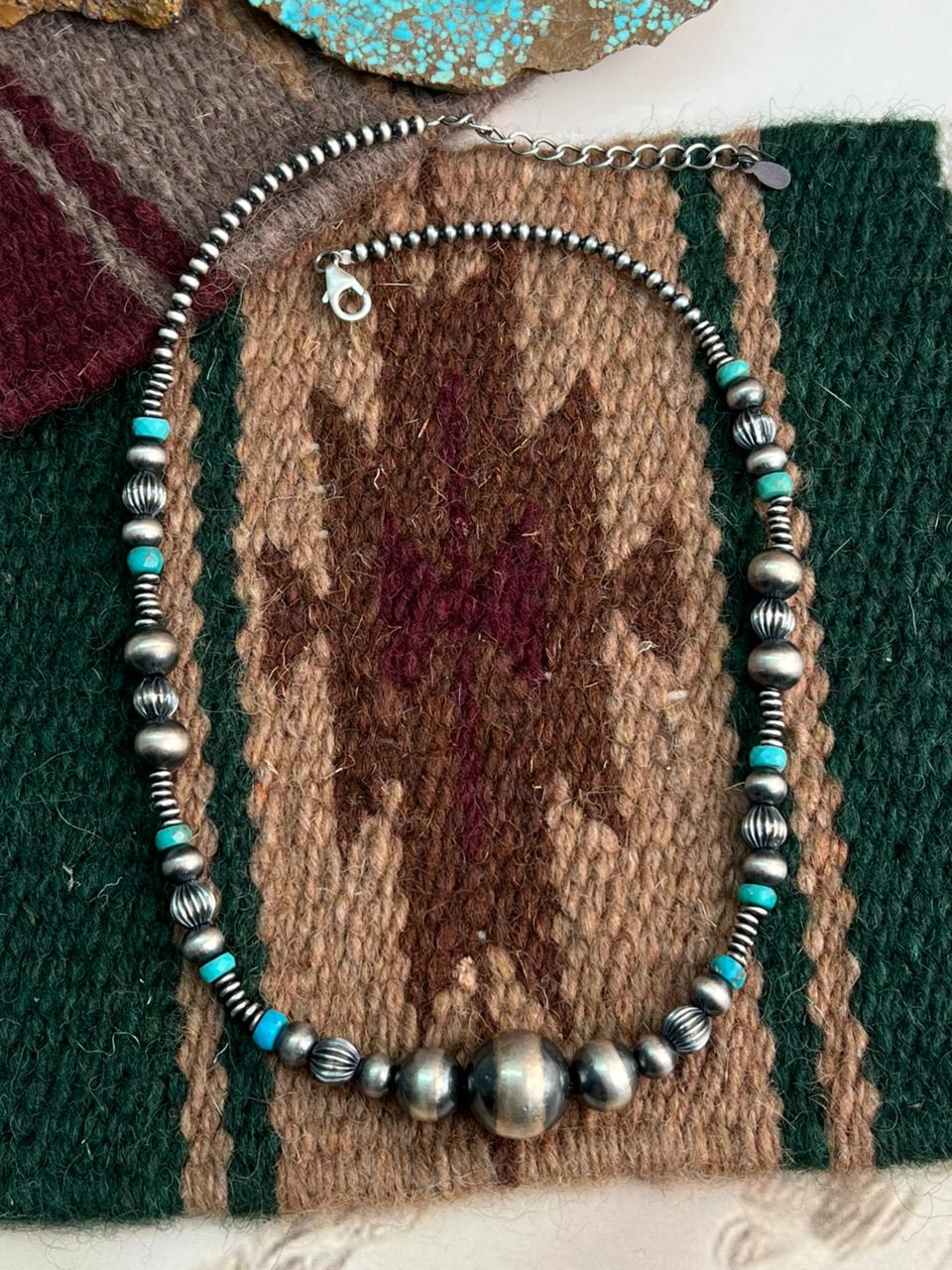 Handmade Sterling Silver Beaded Kingman Turquoise Necklace