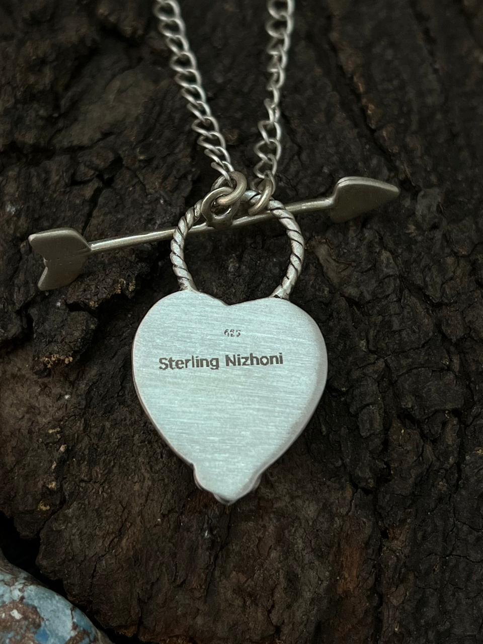 Handmade Sterling Silver Kingman Turquoise Heart Pendant Necklace "Signed Nizhoni"