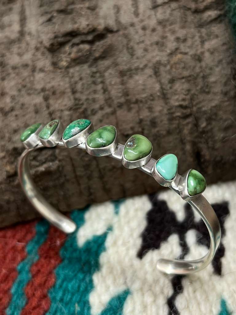 Handmade Sterling Silver Emerald Valley Turquoise Bracelet with Signed Nizhoni