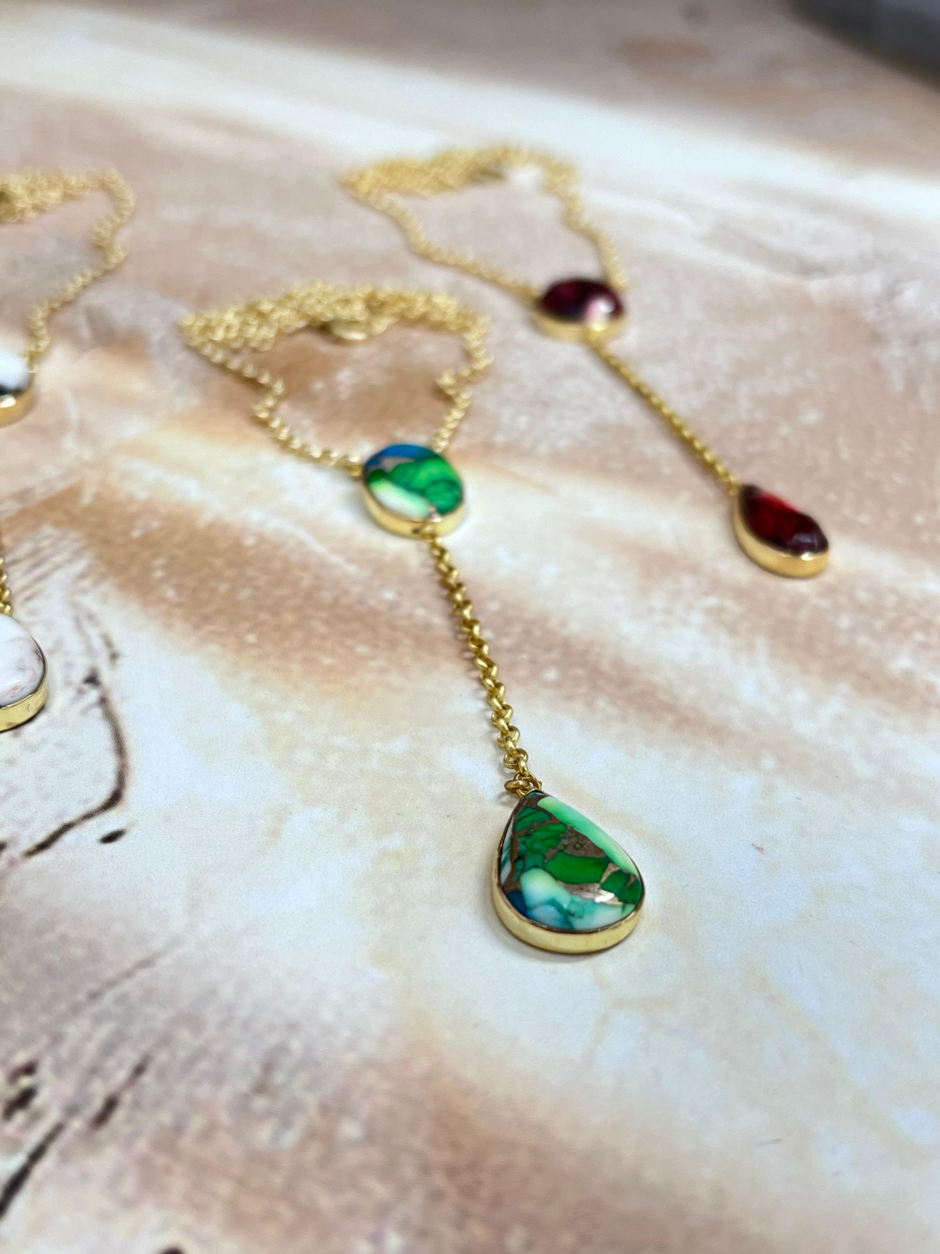 “The Golden Collection” Natural White Buffalo, Peacock Dahlia, Dahlia Rose Drop Necklace