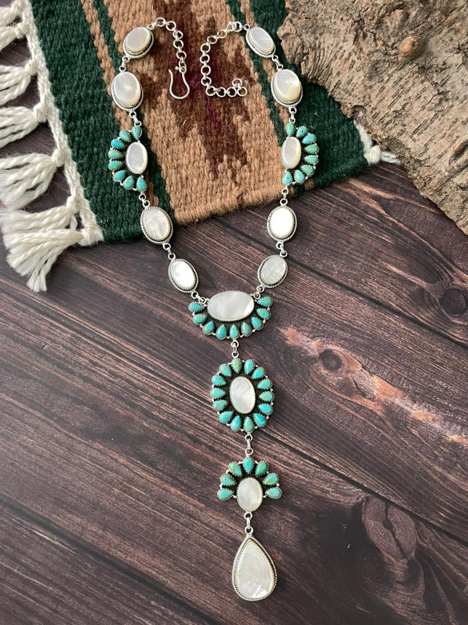 Handmade Sterling Silver Wedding Collection: Mother of Pearl with Kingman Turquoise "Signed Nizhoni"