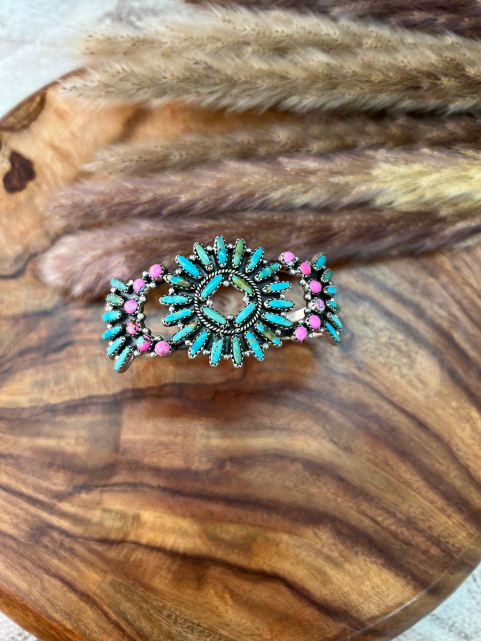 Handmade Sterling Silver Kingman Turquoise with Cotton Candy Cuff Bracelet "Signed Nizhoni"