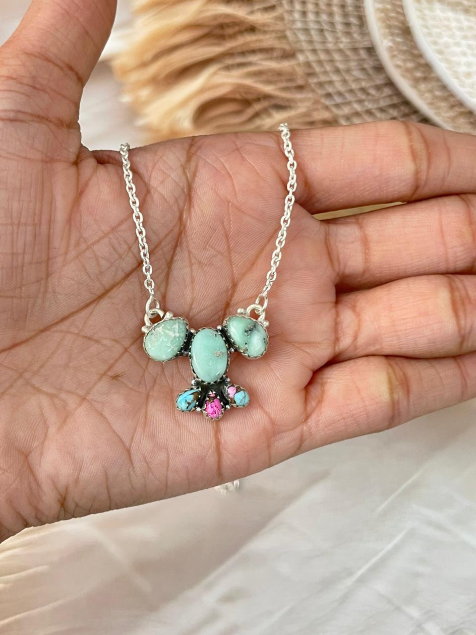 Handmade Sterling Silver Cotton Candy with Paloma Turquoise Necklace Signed Nizhoni