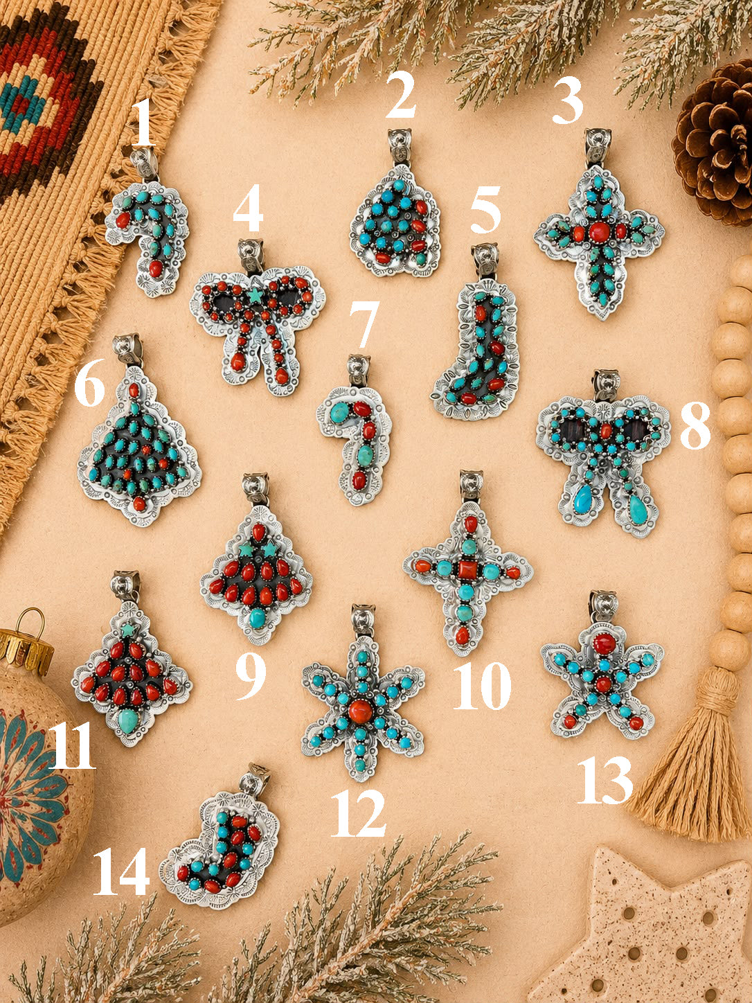Handmade Sterling Silver Kingman Turquoise with Coral Christmas Ornaments Collection: Pendant Signed Nizhoni