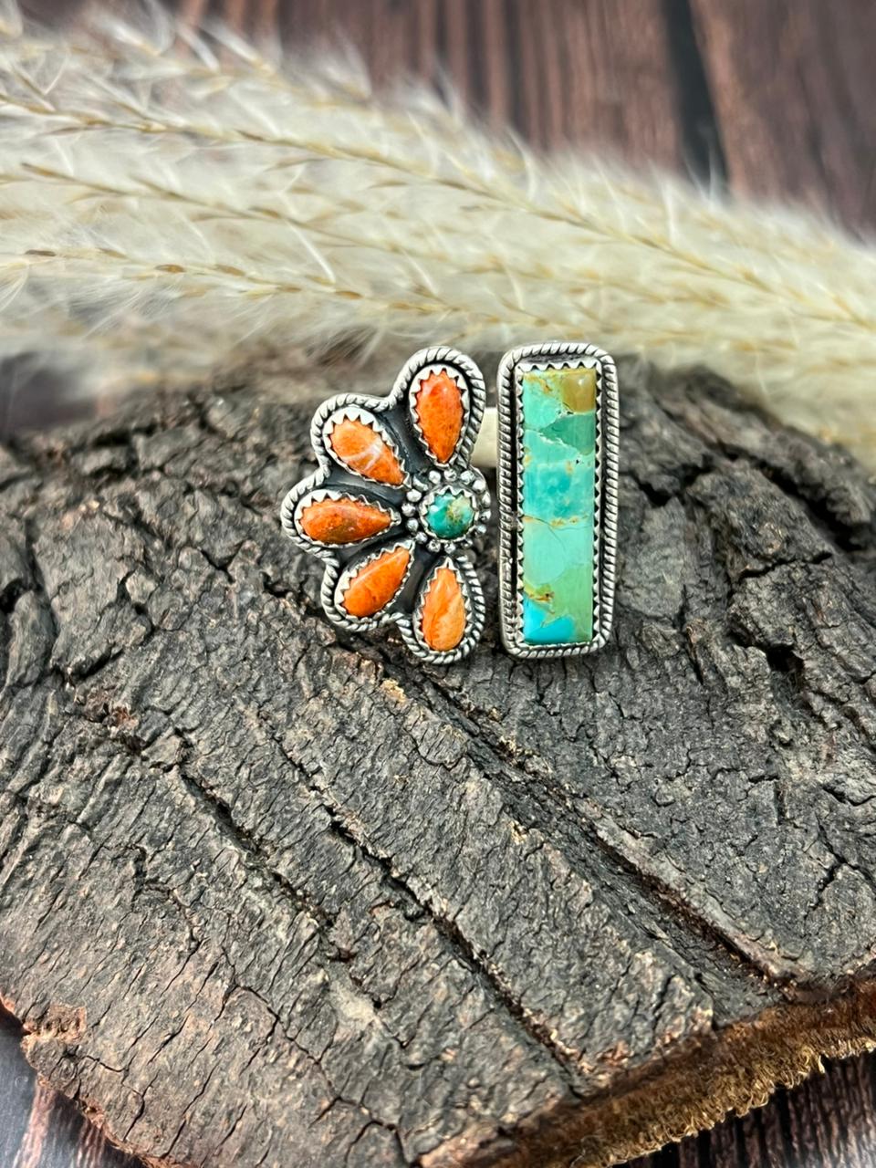 Handmade Sterling Silver Kingman Turquoise with Orange Mojave Adjustable Ring "Signed Nizhoni"