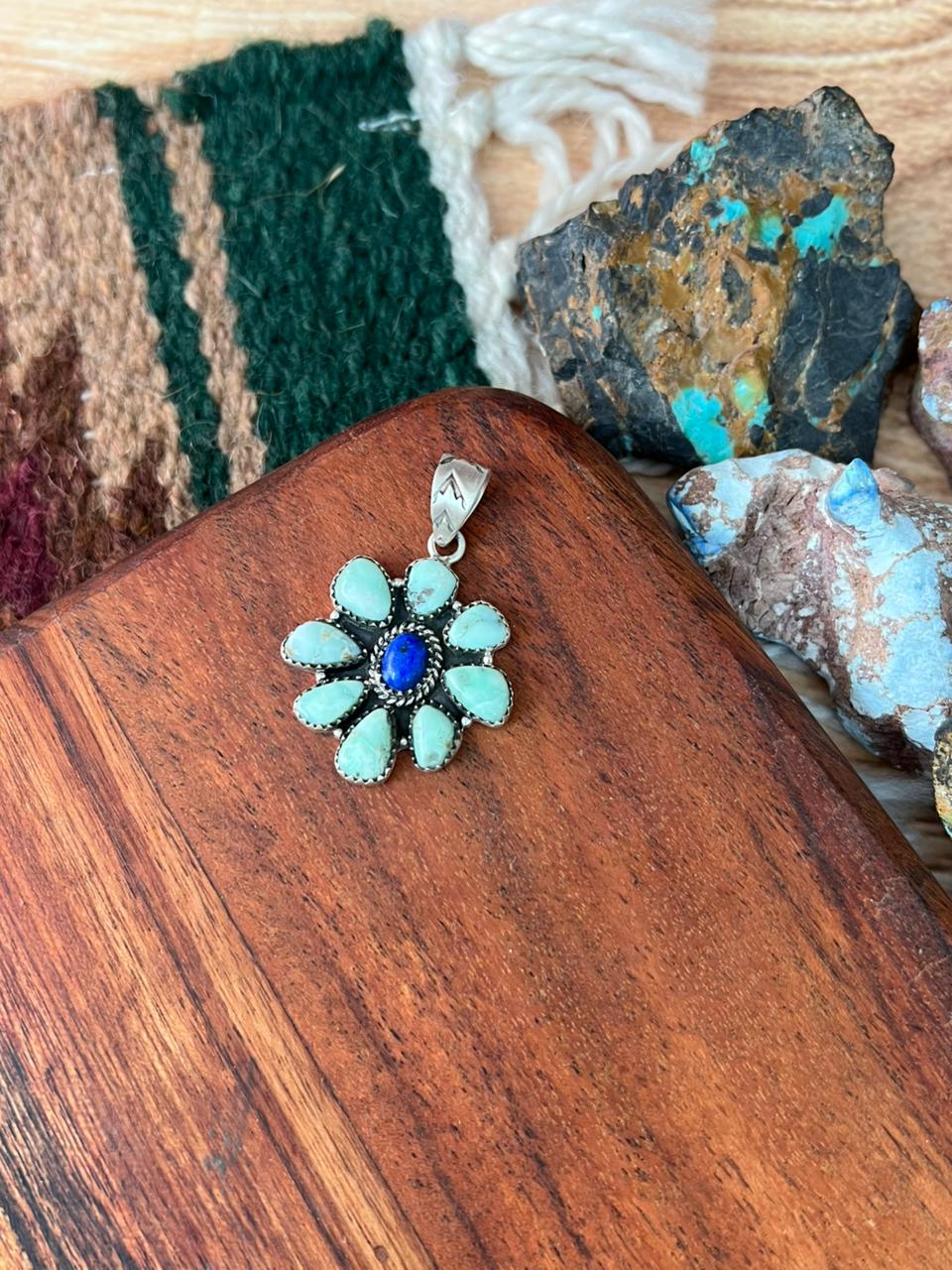 Handmade Sterling Silver Paloma Turquoise with Lapis Pendant "Signed Nizhoni"