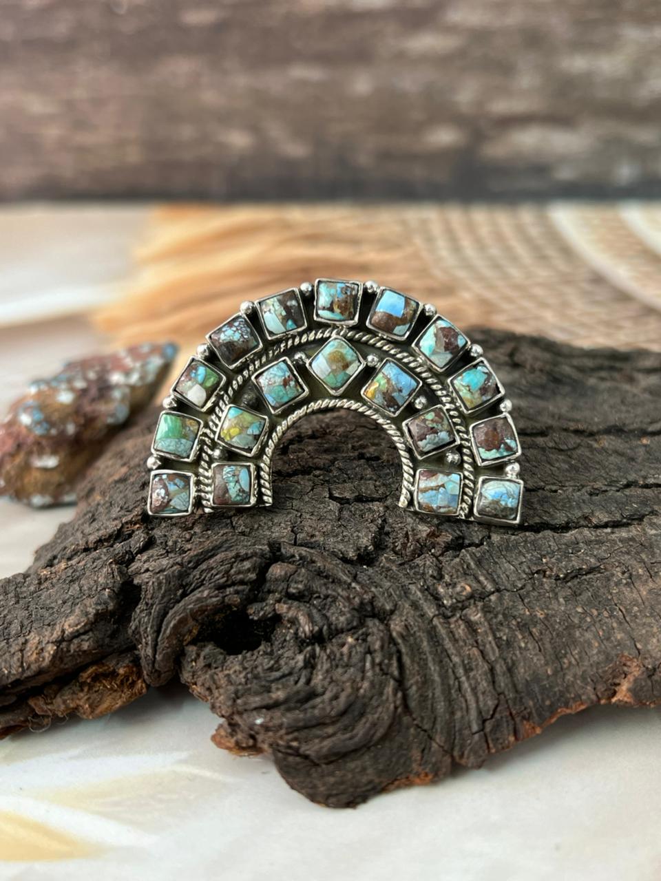Handmade Sterling Silver Matrix Golden Hills Turquoise Adjustable Ring "Signed Nizhoni"