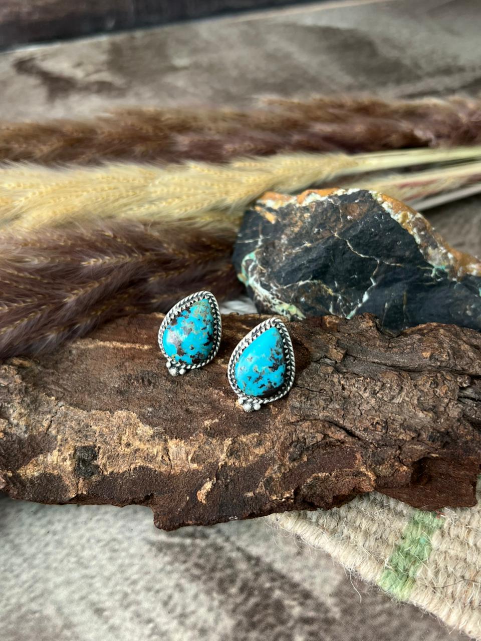 Handmade Sterling Silver Manassa Turquoise Collection: Post Studs Earrings "Signed Nizhoni"