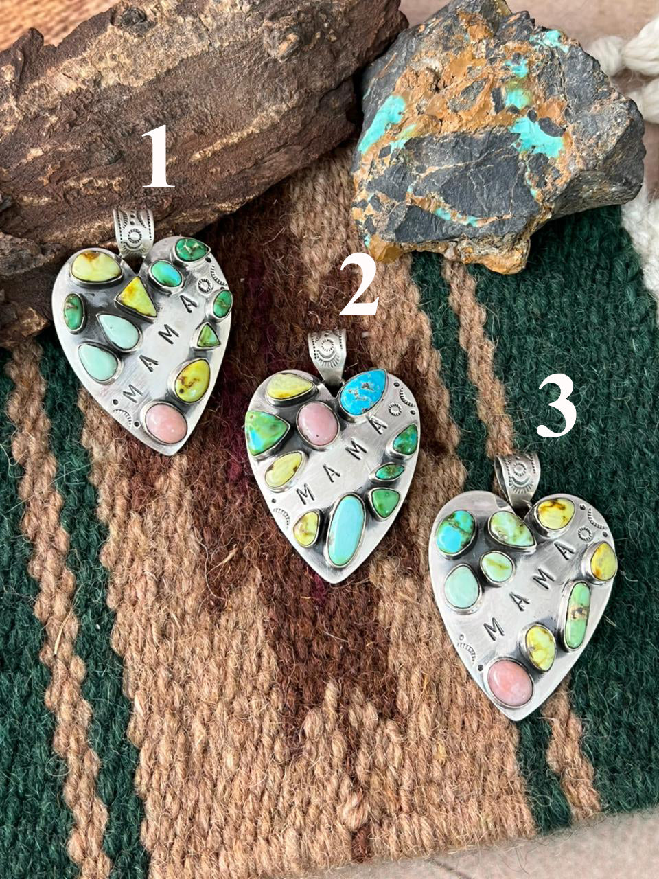 Handmade Sterling Silver Mama Collection: Pink Opal with Sonoran, White Water, Paloma and Palomino Turquoise Pendant "Signed Nizhoni"