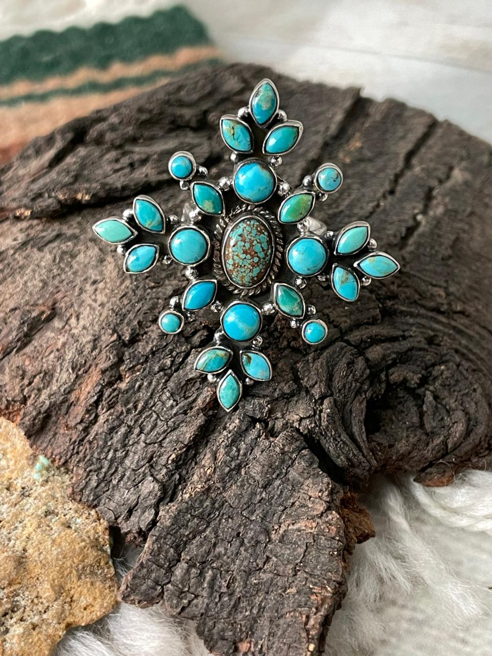 Handmade Sterling Silver Kingman with Number 8 Turquoise Adjustable Ring "Signed Nizhoni"