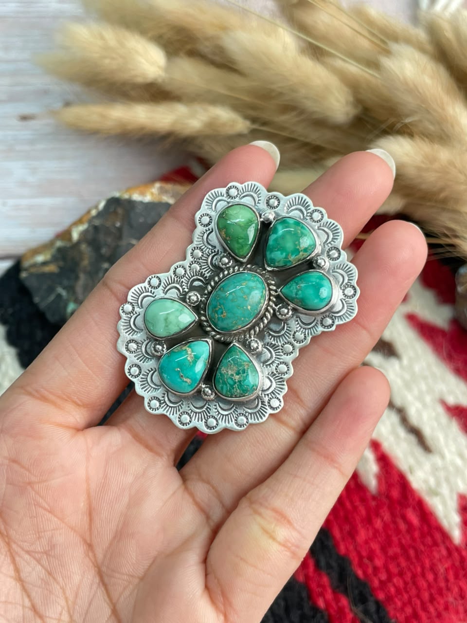 Handmade Sterling Silver Emerald Valley Turquoise Collection: Adjustable Ring Signed Nizhoni