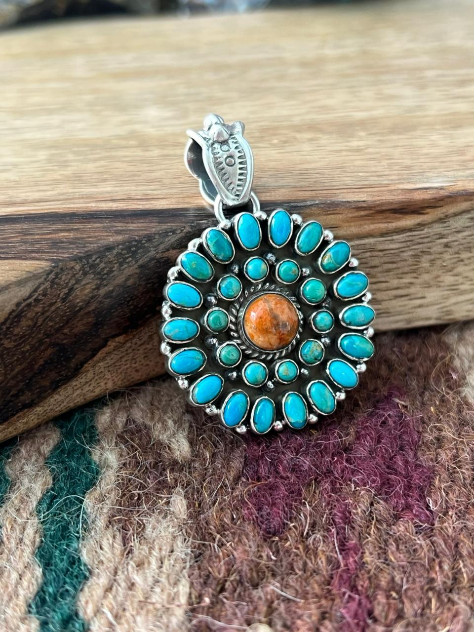 Handmade Sterling Silver Orange Mojave with Kingman Turquoise Pendant "Signed Nizhoni"